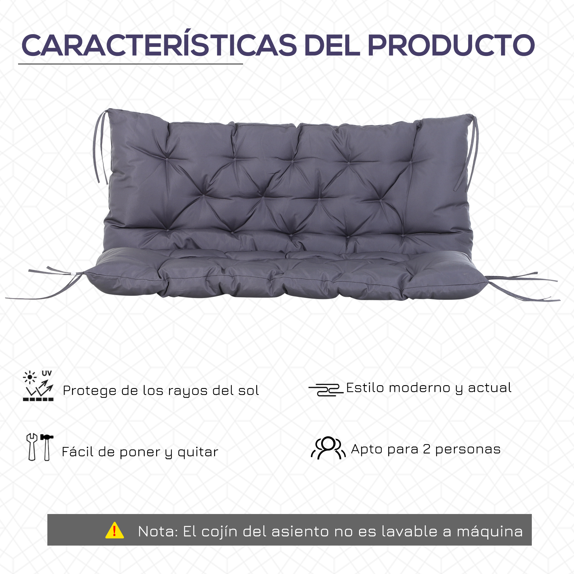 Cojín de banco gris acolchado con lazos, protege del sol, fácil de poner.