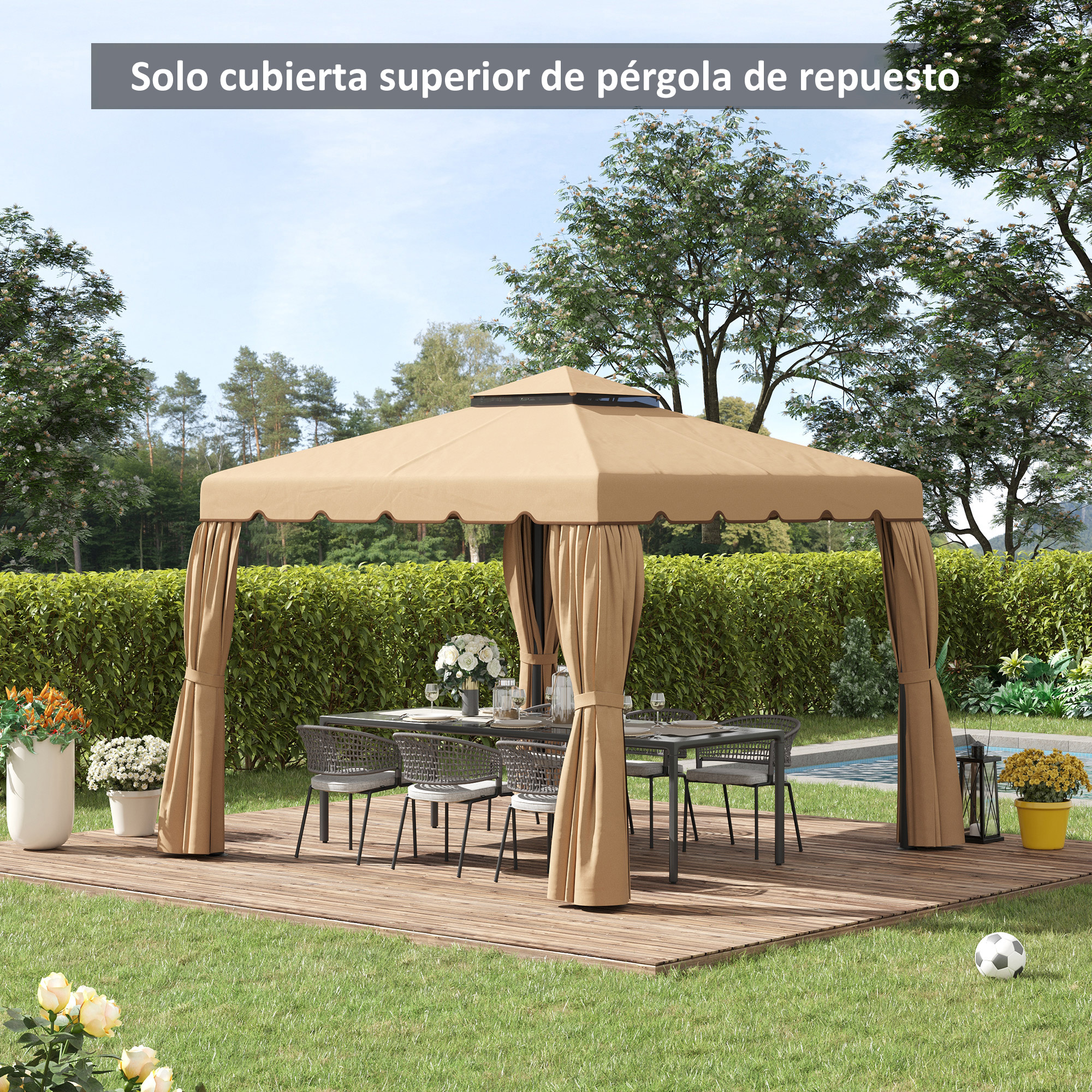 Área de comedor al aire libre con pérgola, mesa, sillas, plantas y piscina.