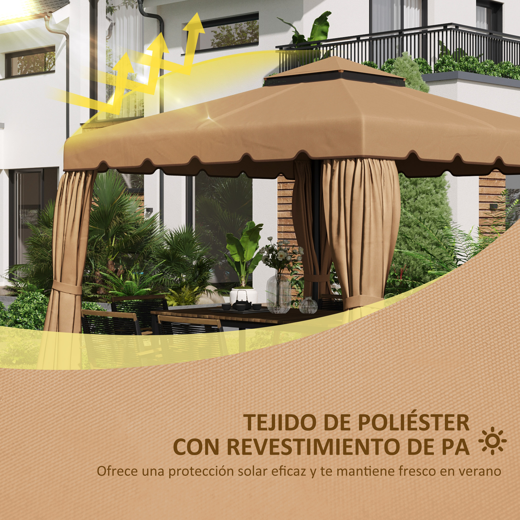 Techo de cenador marrón con cortinas, junto a casa y plantas.