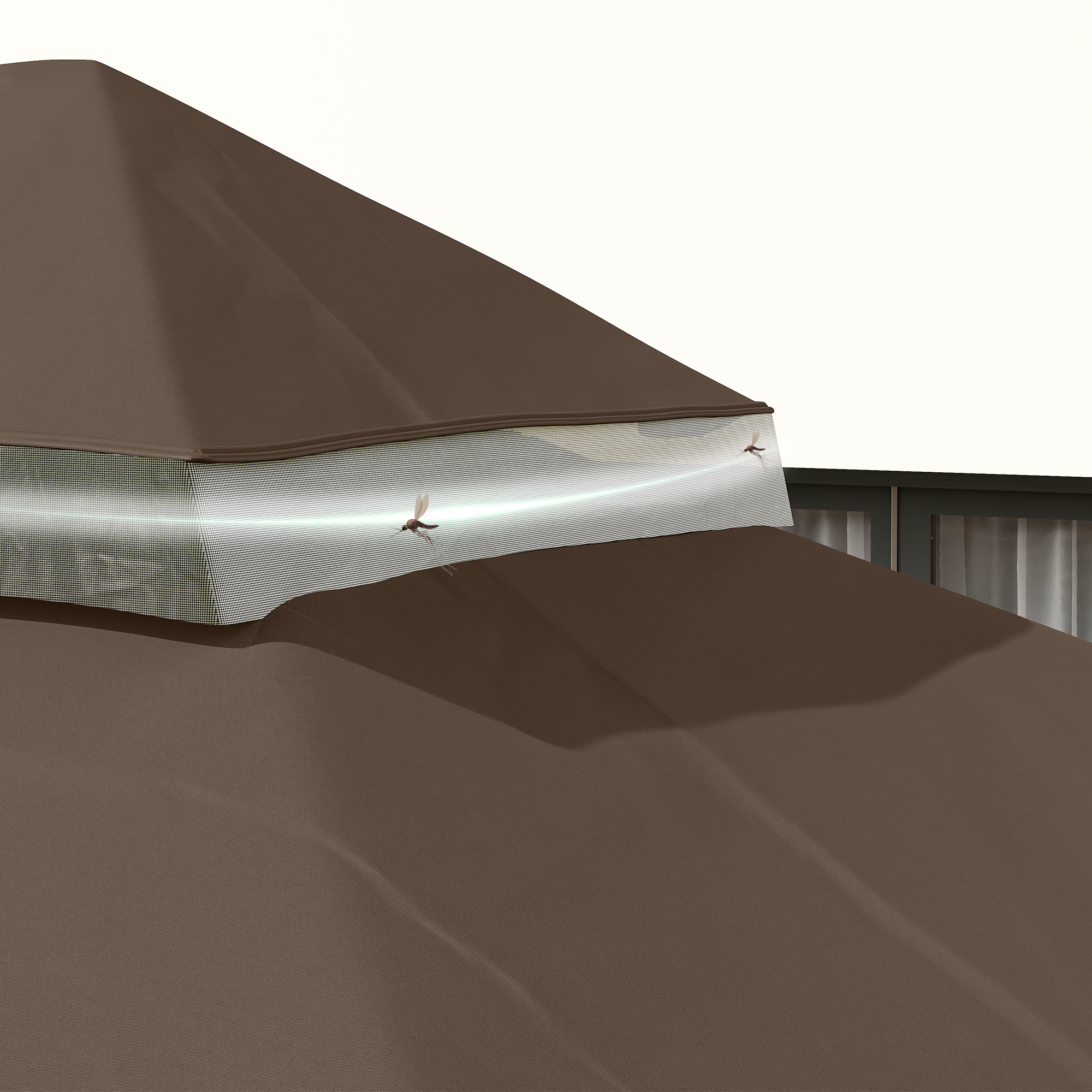 Tenda marrone con mosche sulla finestra a rete.