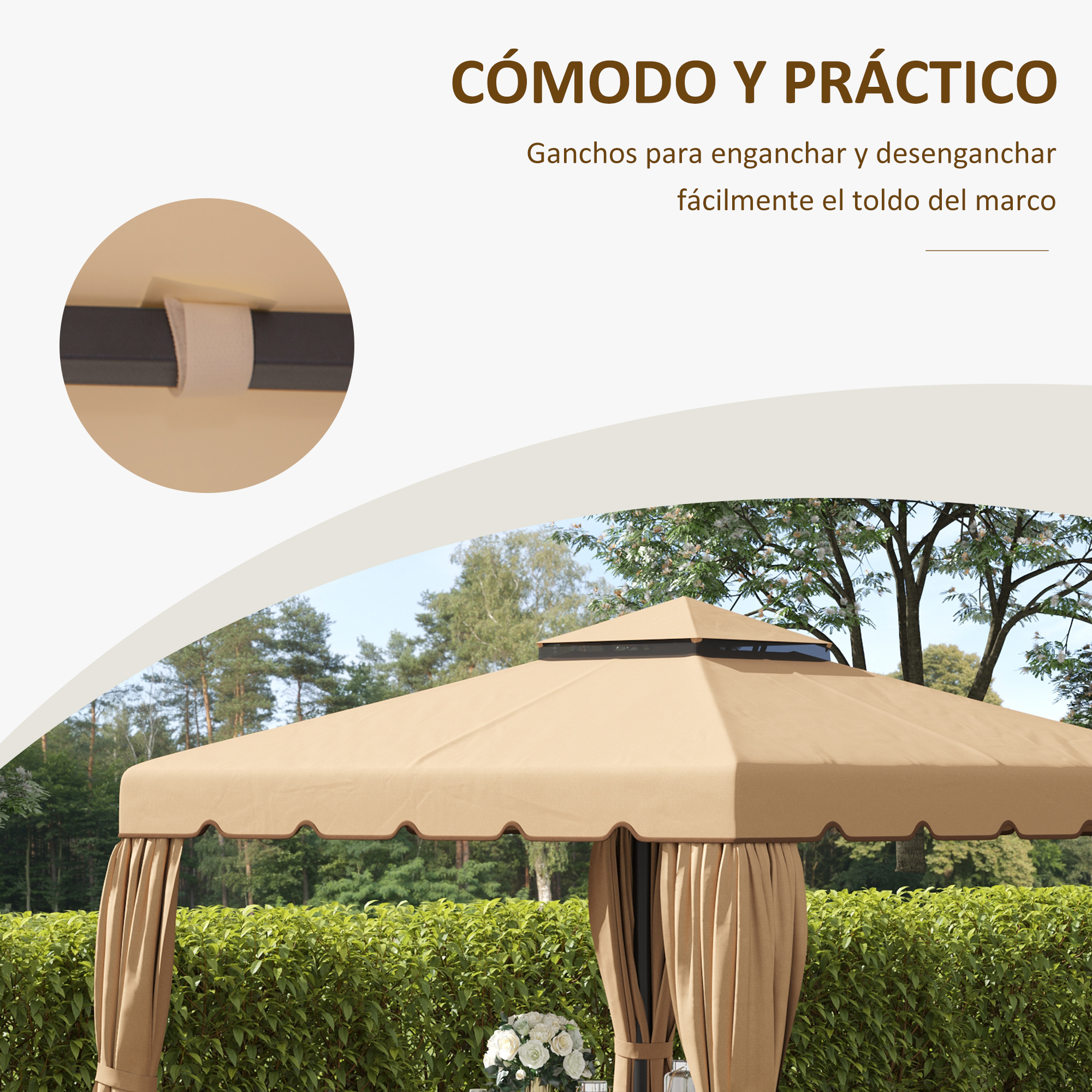 Un cenador beige con cortinas y un ramo de flores frente a un seto verde.