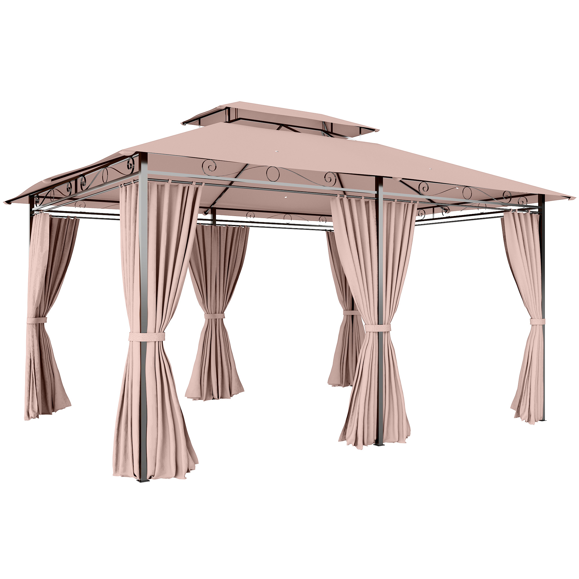 Un gazebo beige a due livelli con tende.