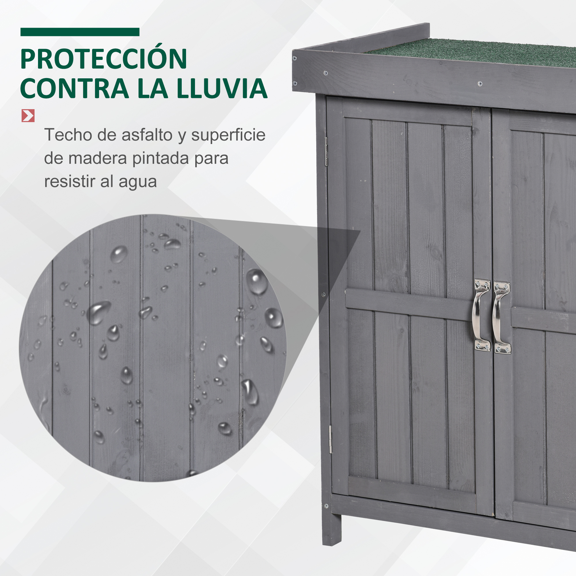 Gabinete de madera gris con puerta doble y manijas de metal. Techo verde.