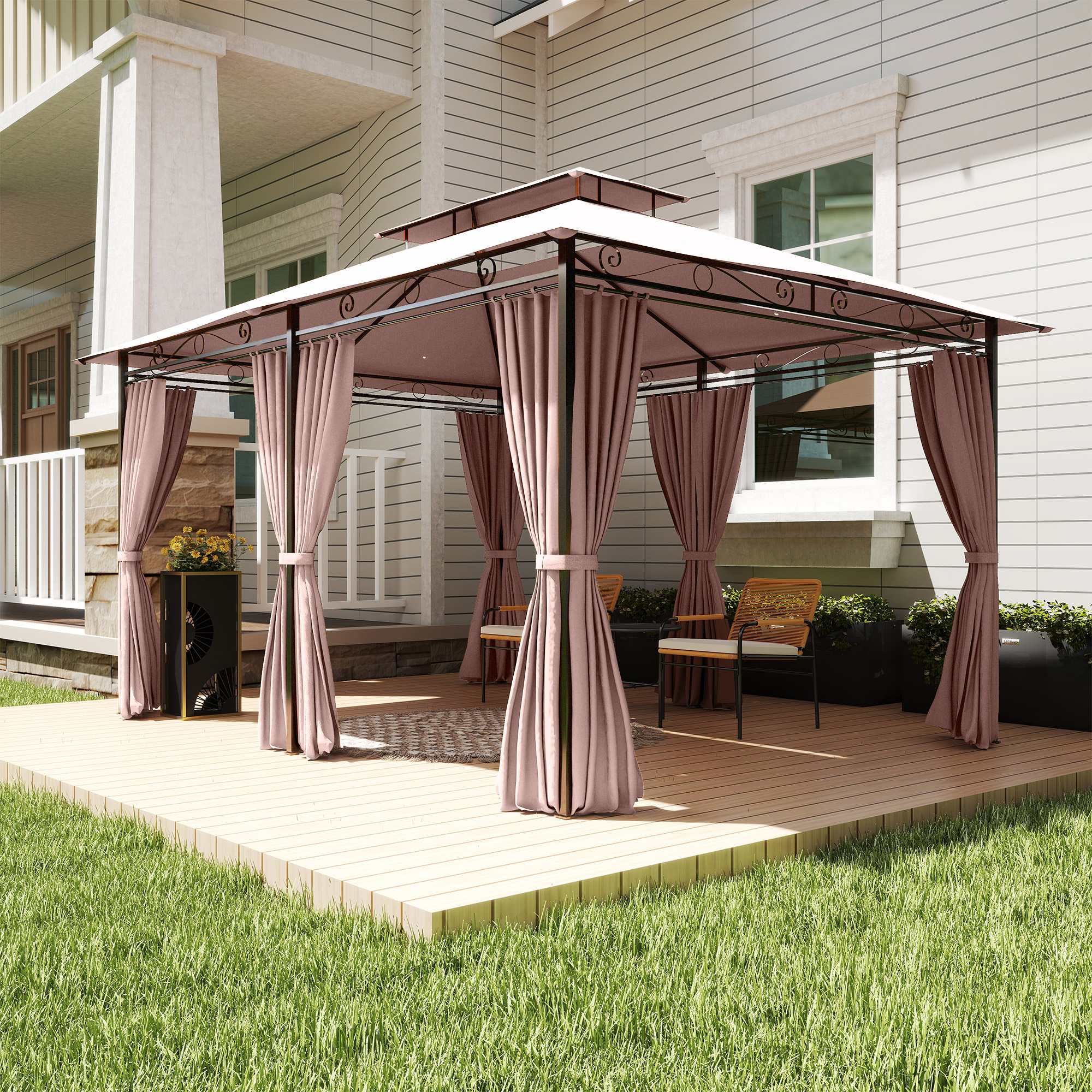 Un gazebo rosa con tende sta su un ponte di legno davanti a una casa.