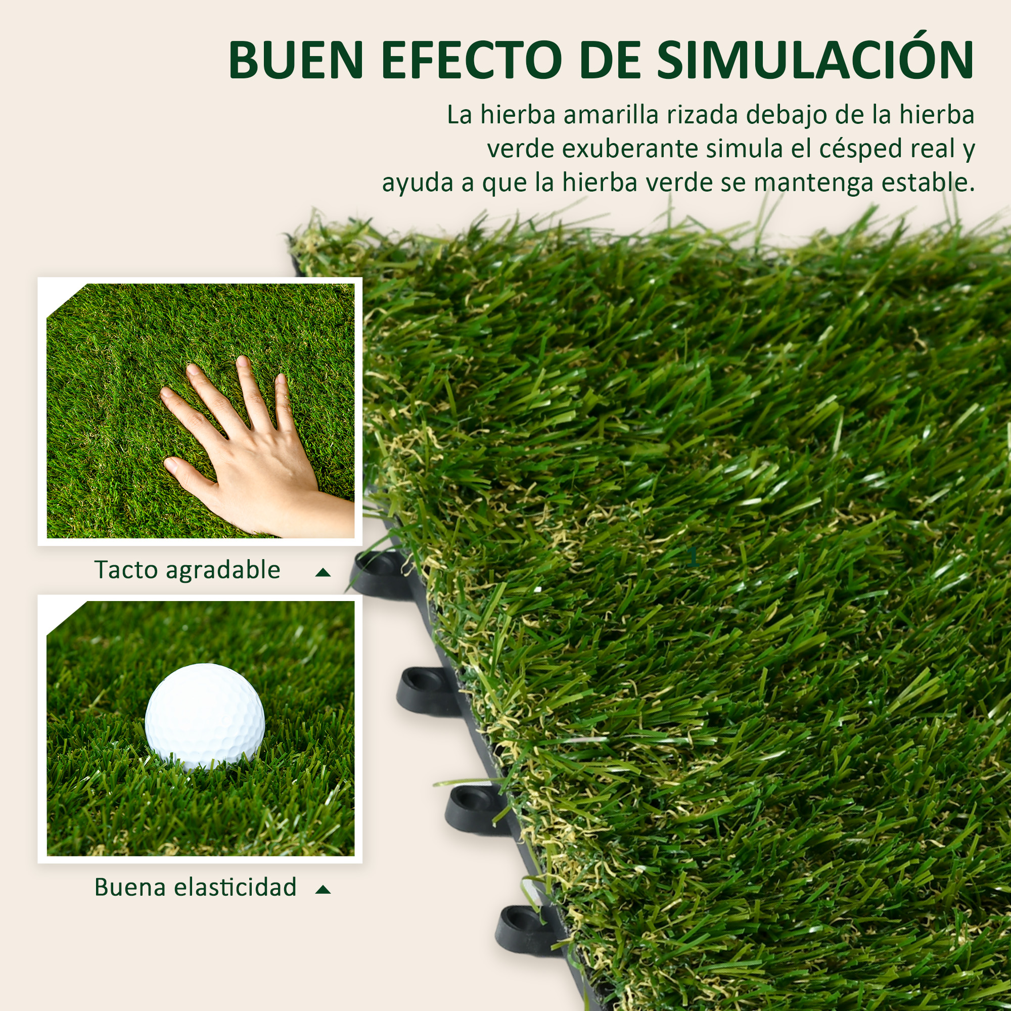 Césped artificial con una mano y un golf en él. Mucho verde y textura.
