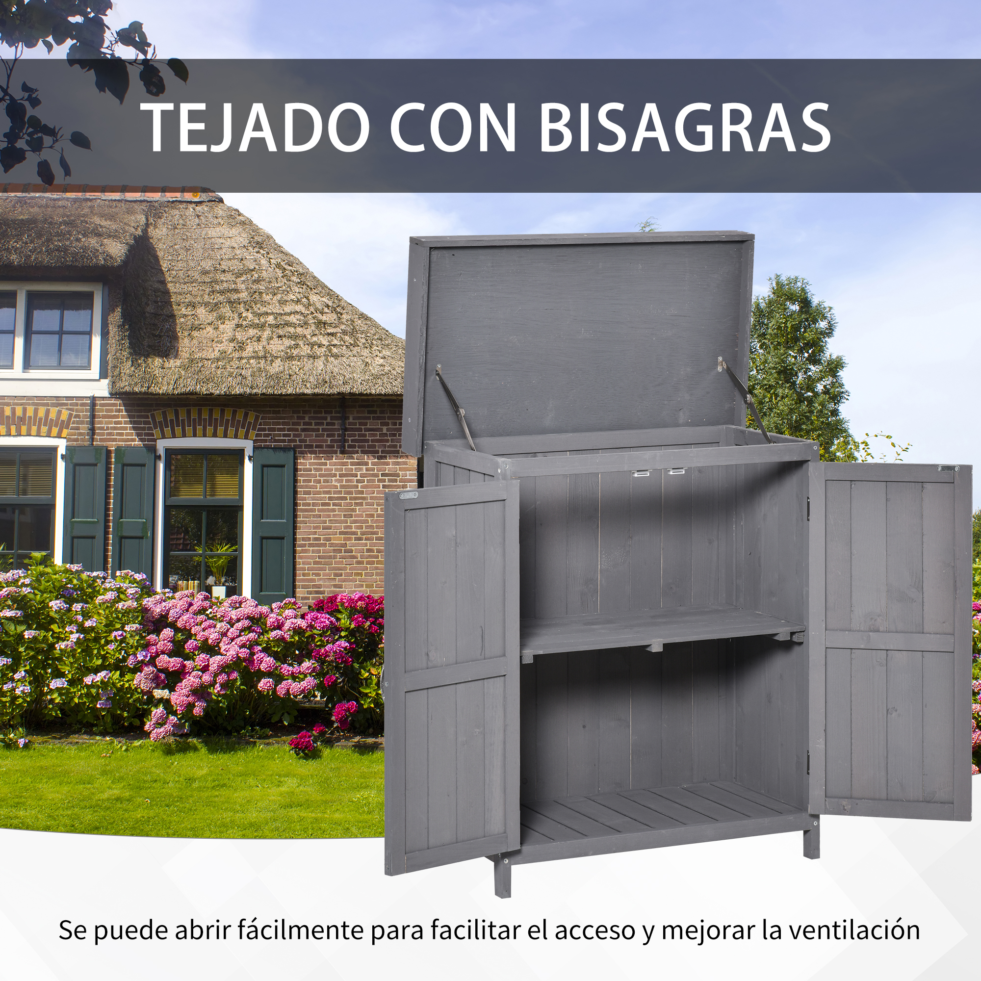 Armario exterior de madera gris con puertas abiertas, casa y flores.