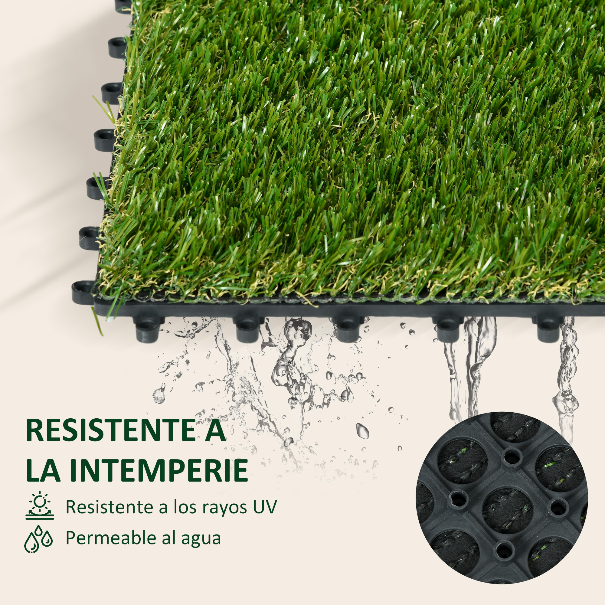 Baldosas de césped artificial con base negra entrelazada, agua fluyendo.