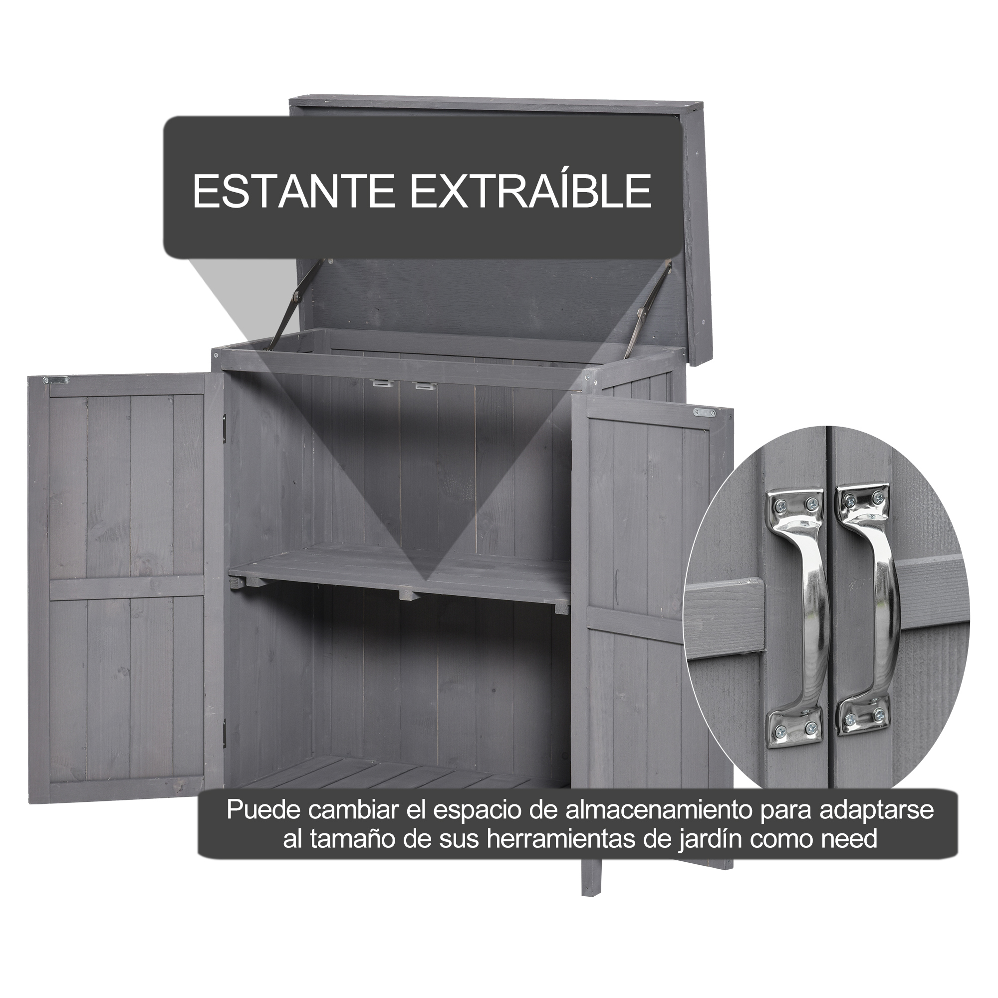 Armario de madera gris con puerta abierta, dos estantes y asas plateadas.