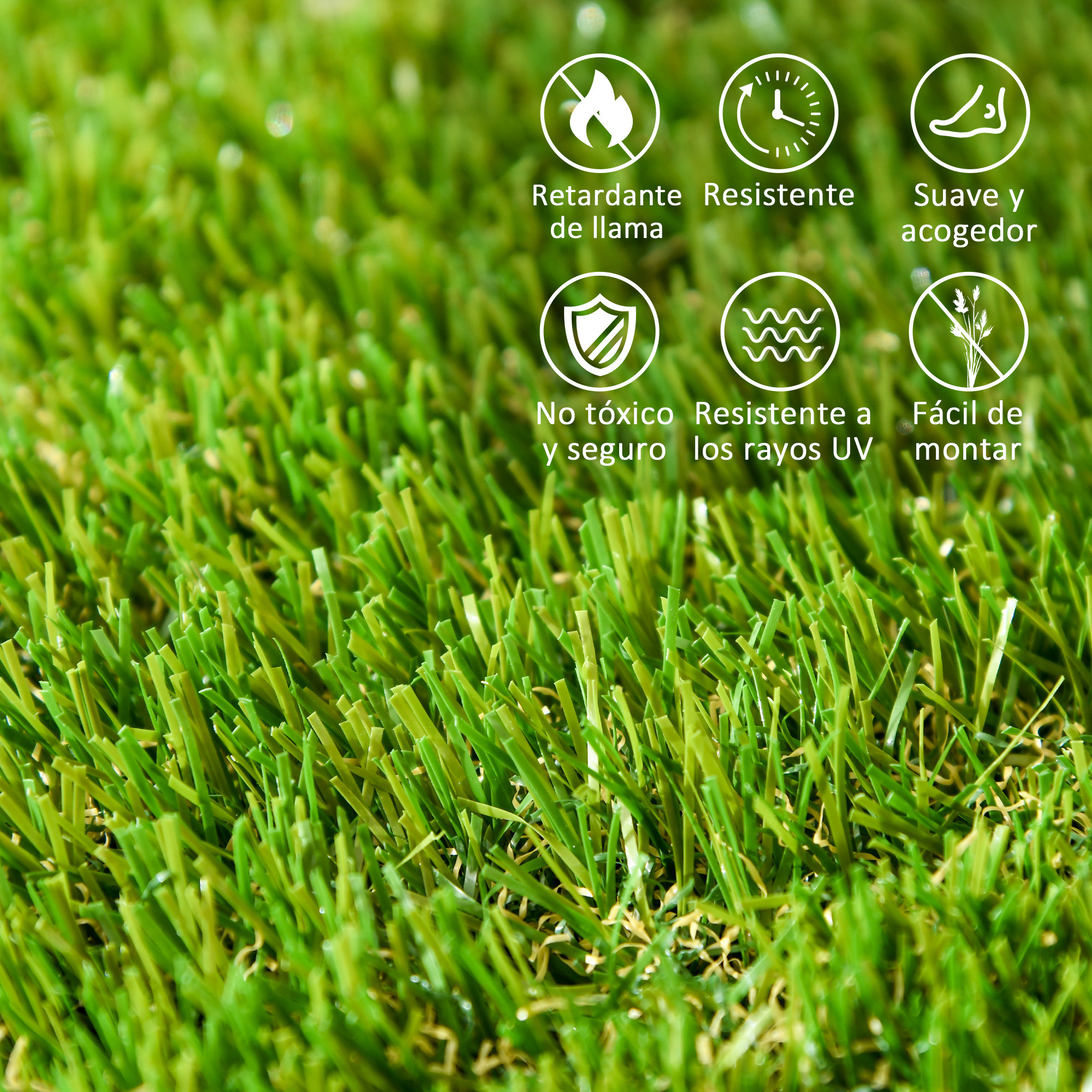 Césped artificial con seis iconos: retardante, tiempo, pie, escudo, olas, planta.