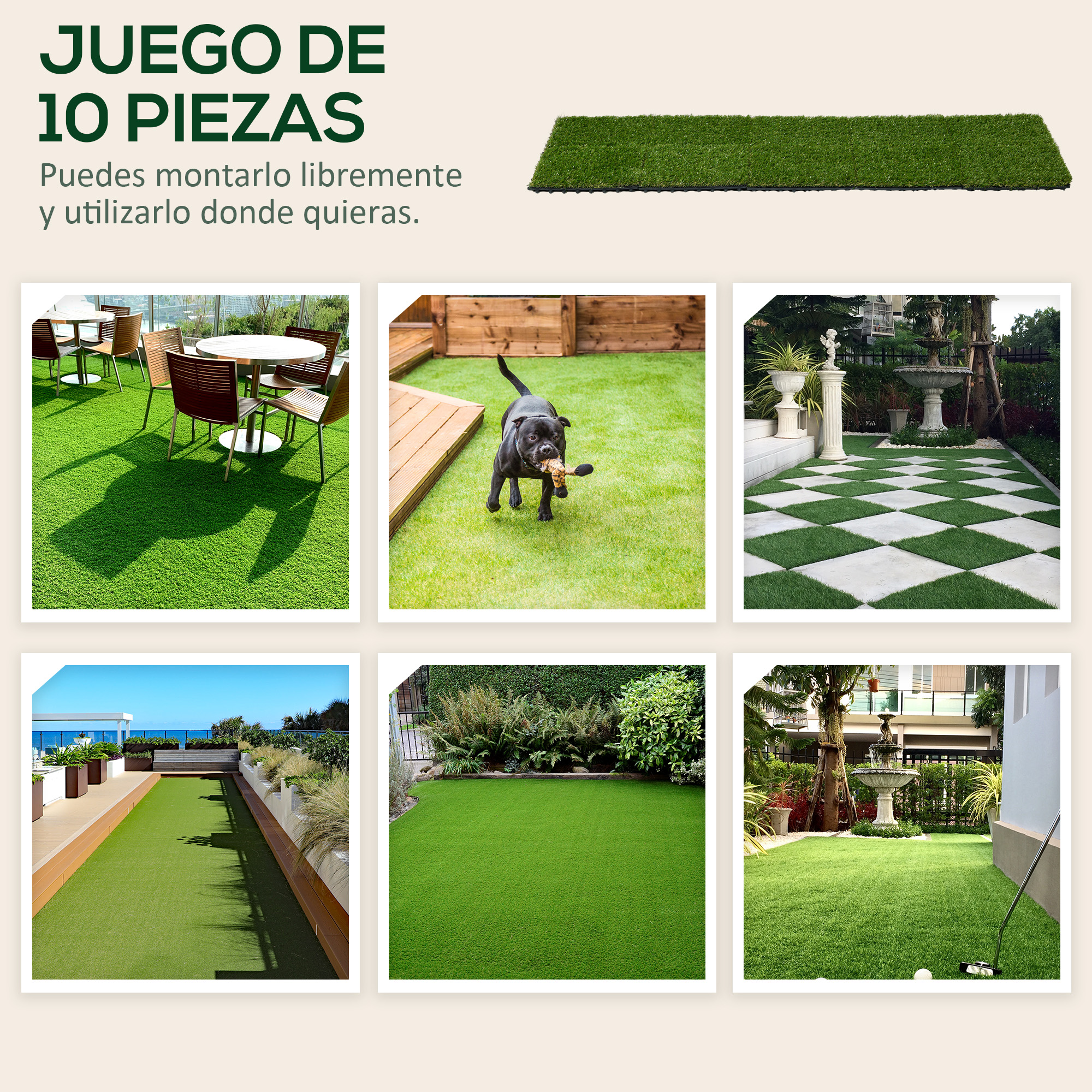 Un perro corre con un juguete en la boca sobre césped artificial. Borde de madera al fondo.