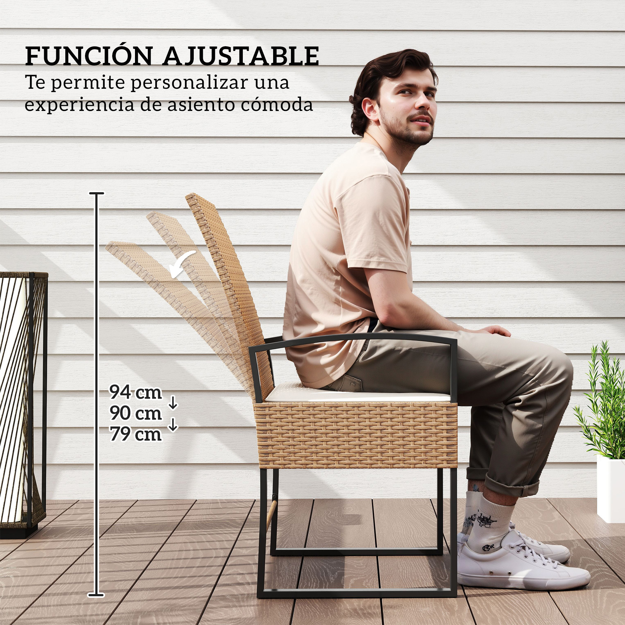 Hombre sentado en silla de ratán ajustable; alturas 94, 90, 79 cm.
