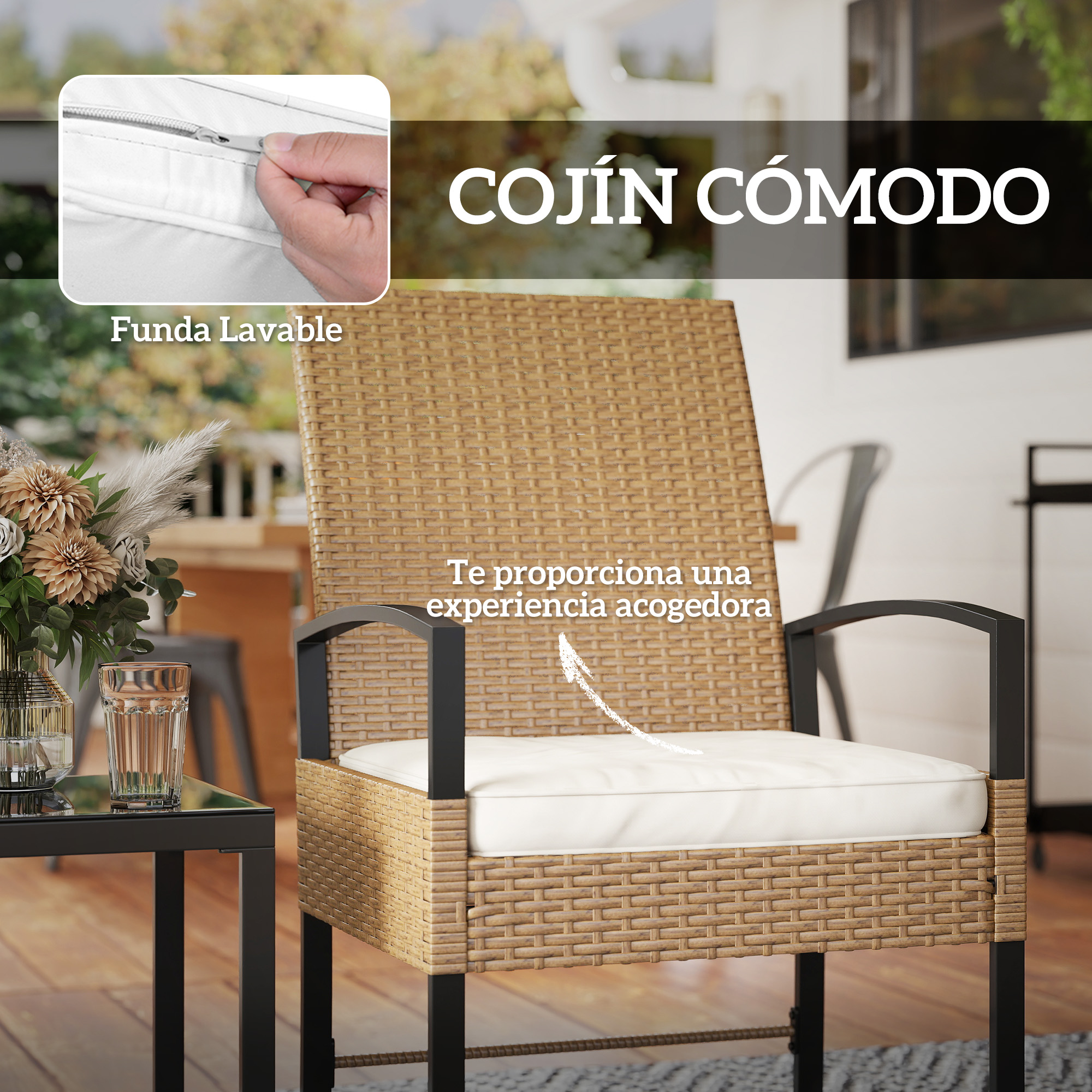 Una cómoda silla de ratán con cojín blanco y arreglo floral sobre una mesa.