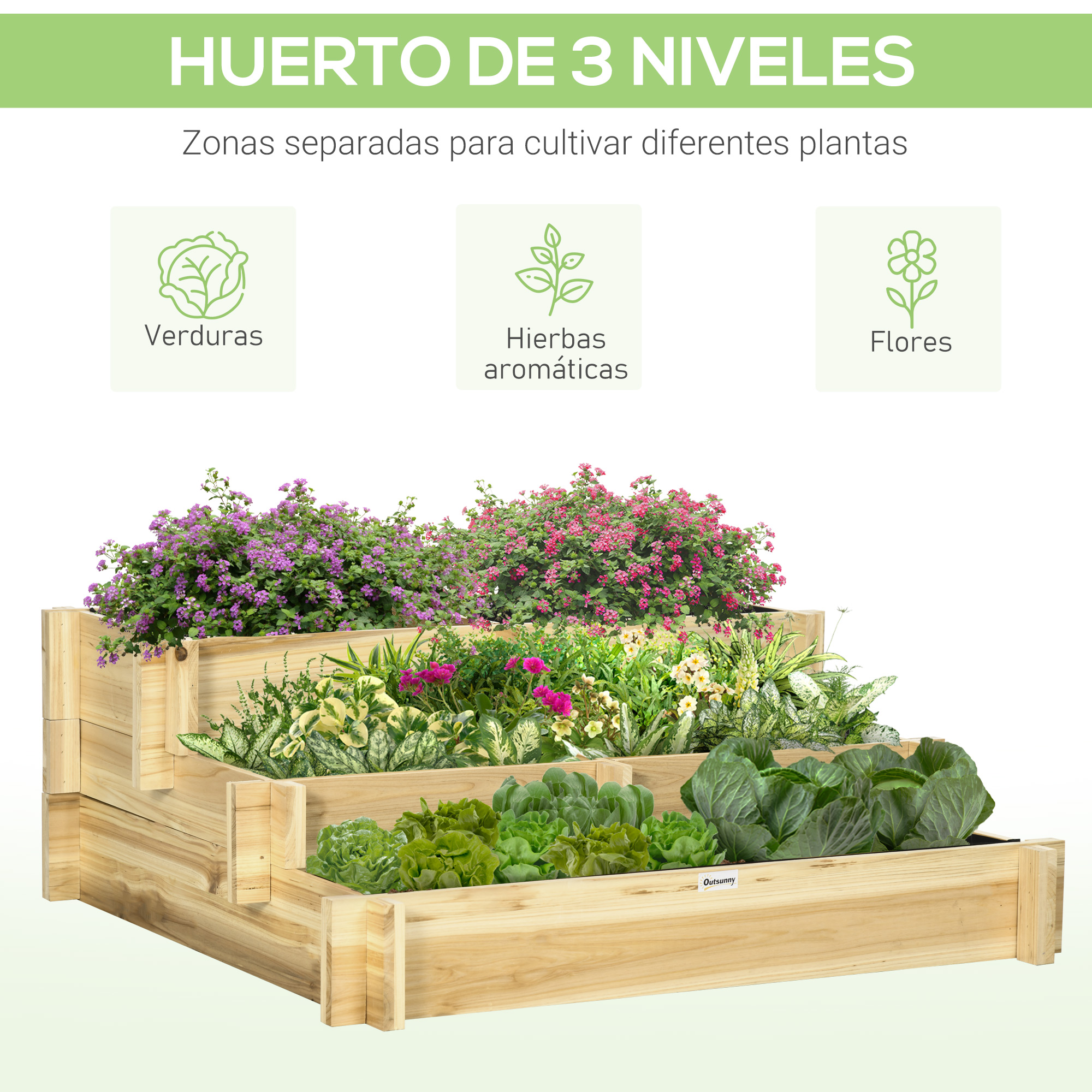 Un bancal de madera de tres niveles con lechuga, col y flores creciendo en niveles separados.