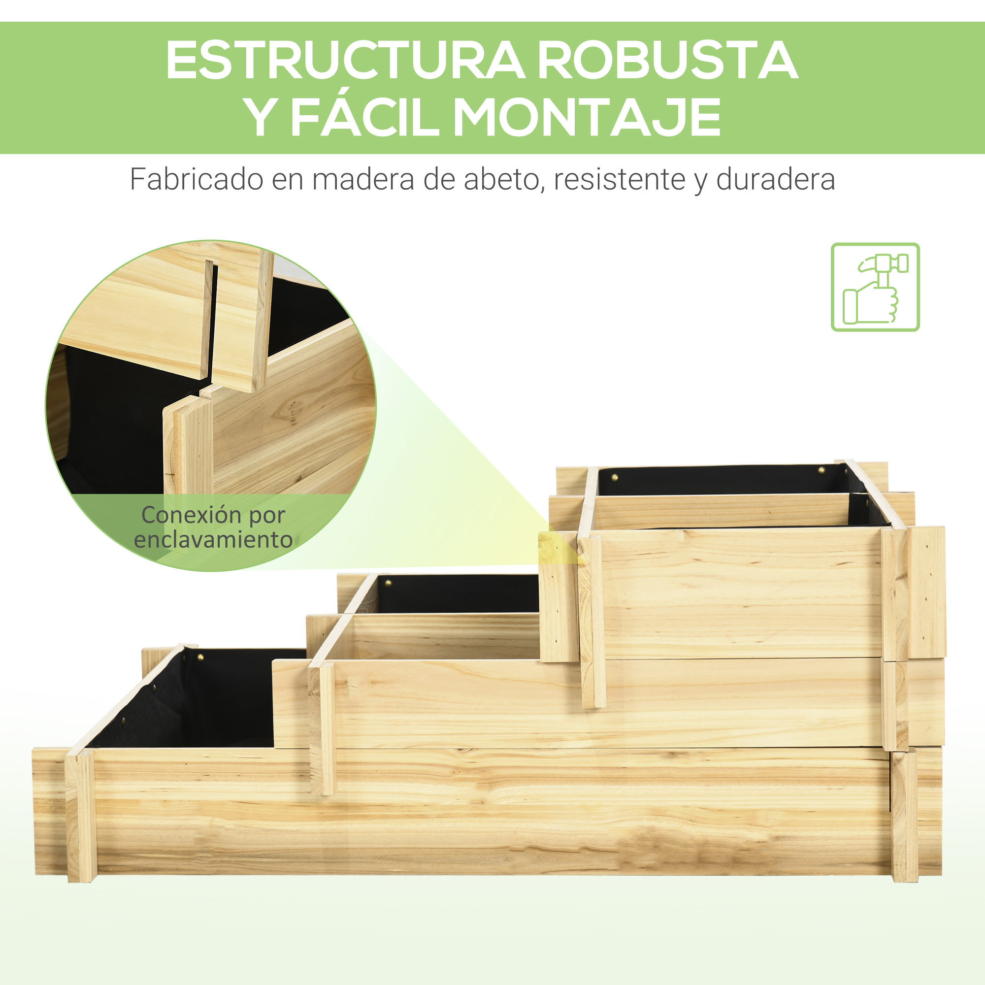 Estructura escalonada de madera para bancal elevado con forro negro y juntas.