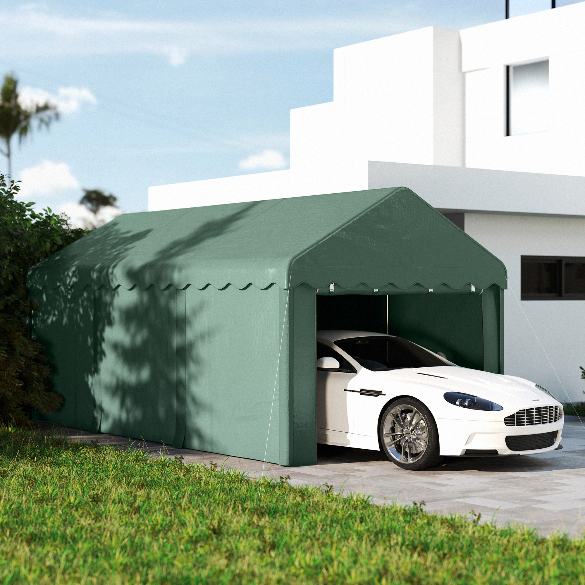 Un coche deportivo blanco aparcado bajo una carpa verde en un camino pavimentado.