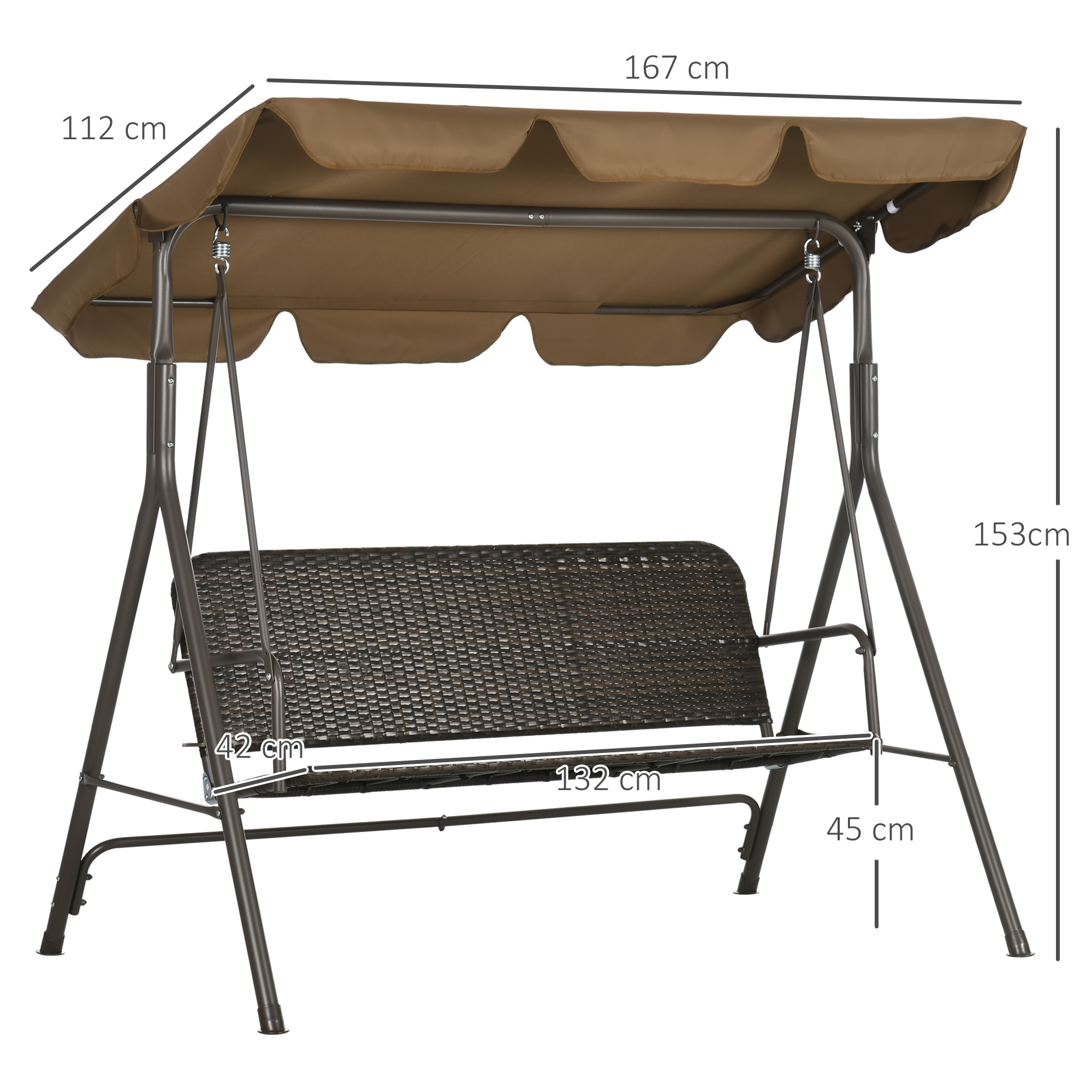 Sedile altalena marrone con telaio in metallo, dimensioni 167x112x153cm.