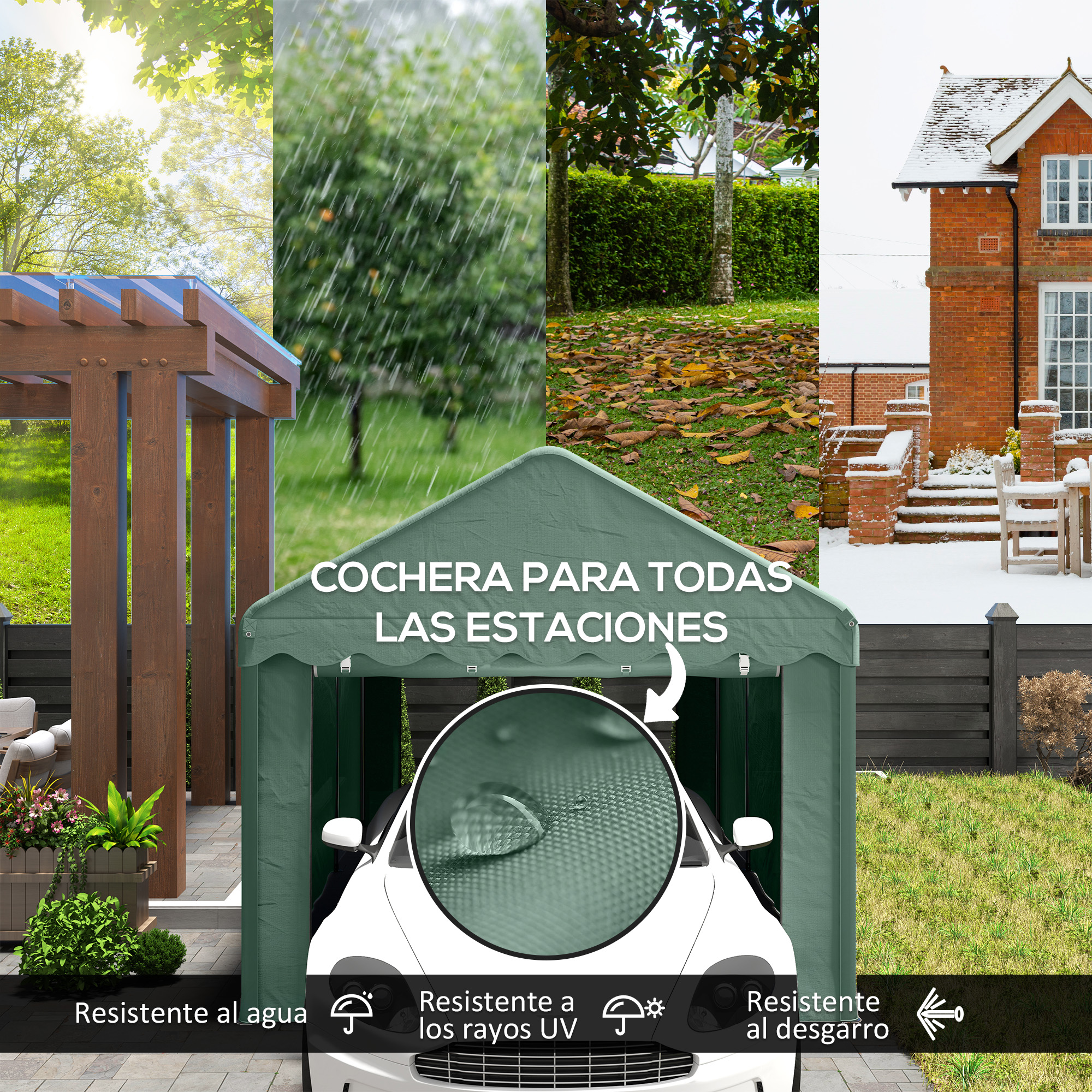 Garáz de coche verde, resistente al agua, UV y desgarros.