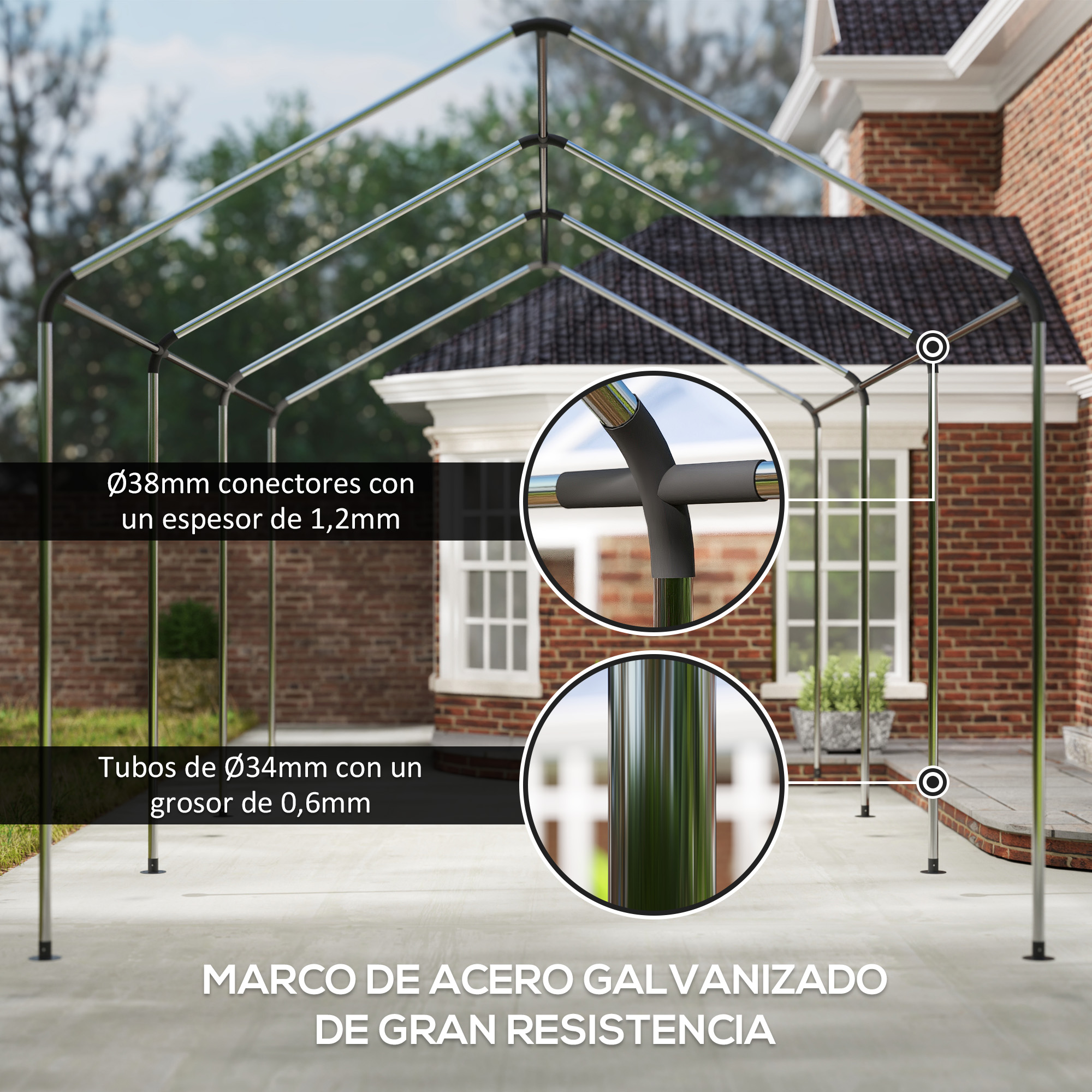Marco de acero galvanizado con conectores de 38mm y tubos de 34mm.