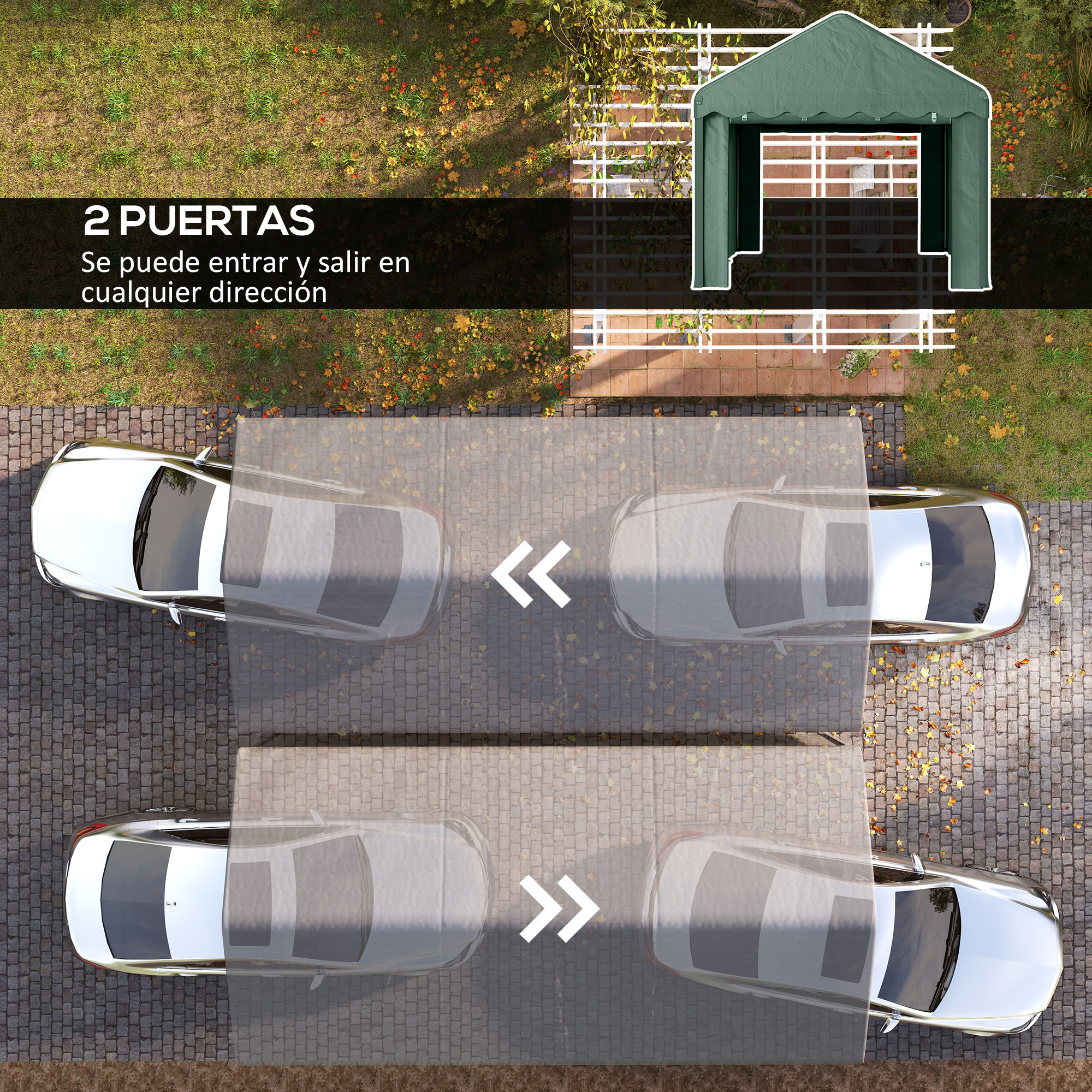 Carport verde con dos coches aparcados en adoquines.
