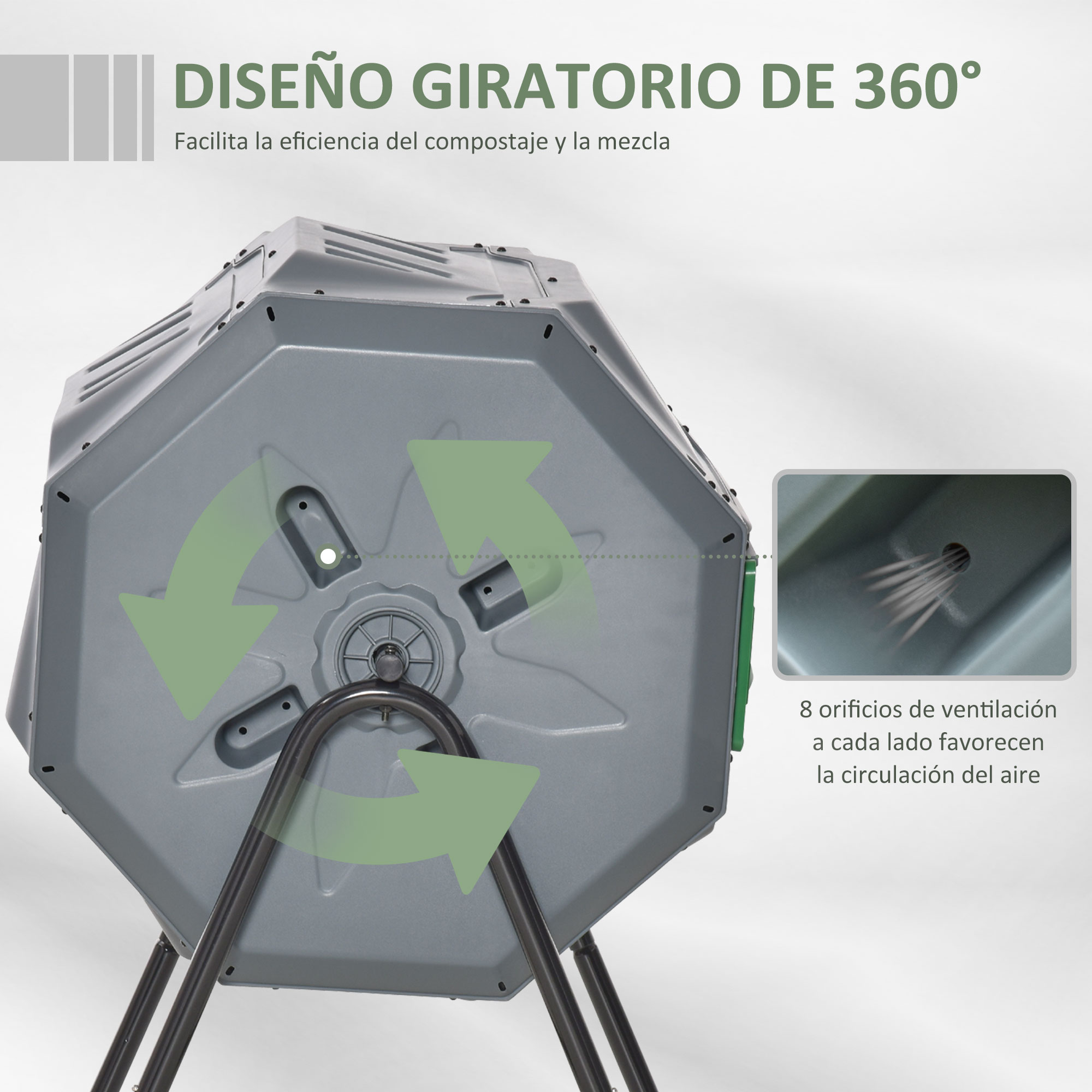 Compostador giratorio gris con rotación de 360° y orificios de ventilación.