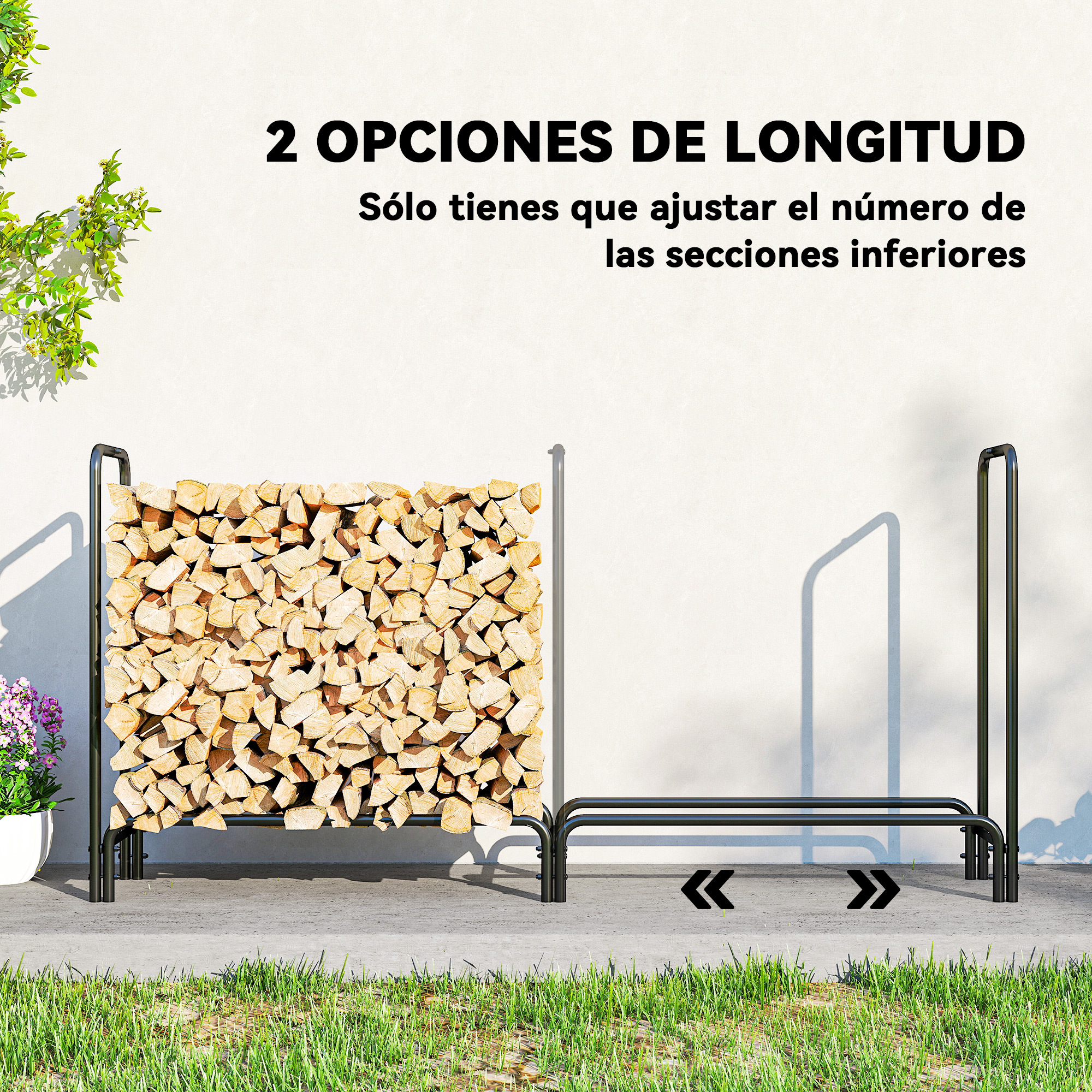 Una pila de leña junto a un estante de madera vacío contra una pared blanca.
