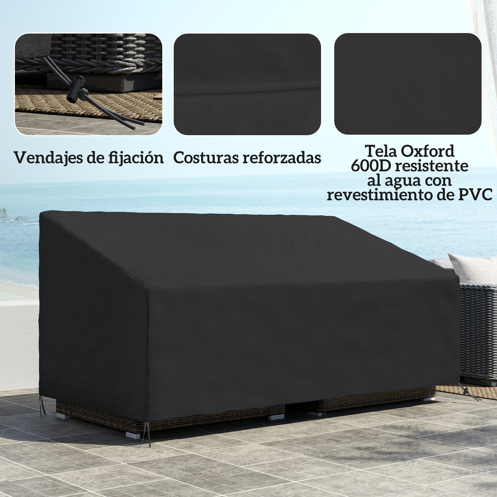 Funda de tela negra para muebles de exterior en un patio junto al mar.