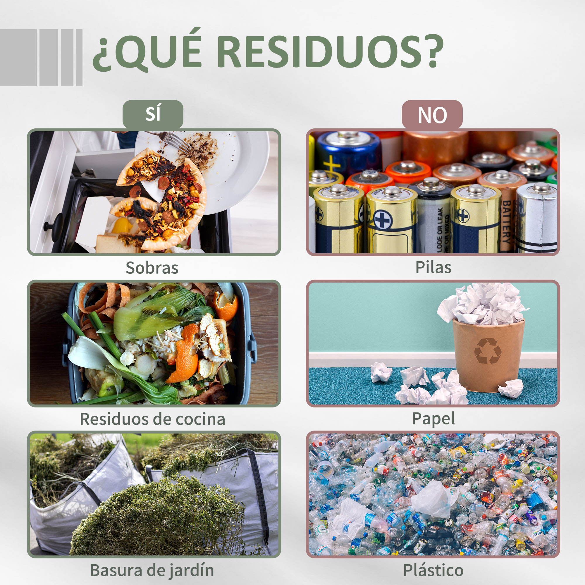 Restos de comida, pilas, residuos de cocina, papel, basura de jardín y plástico.
