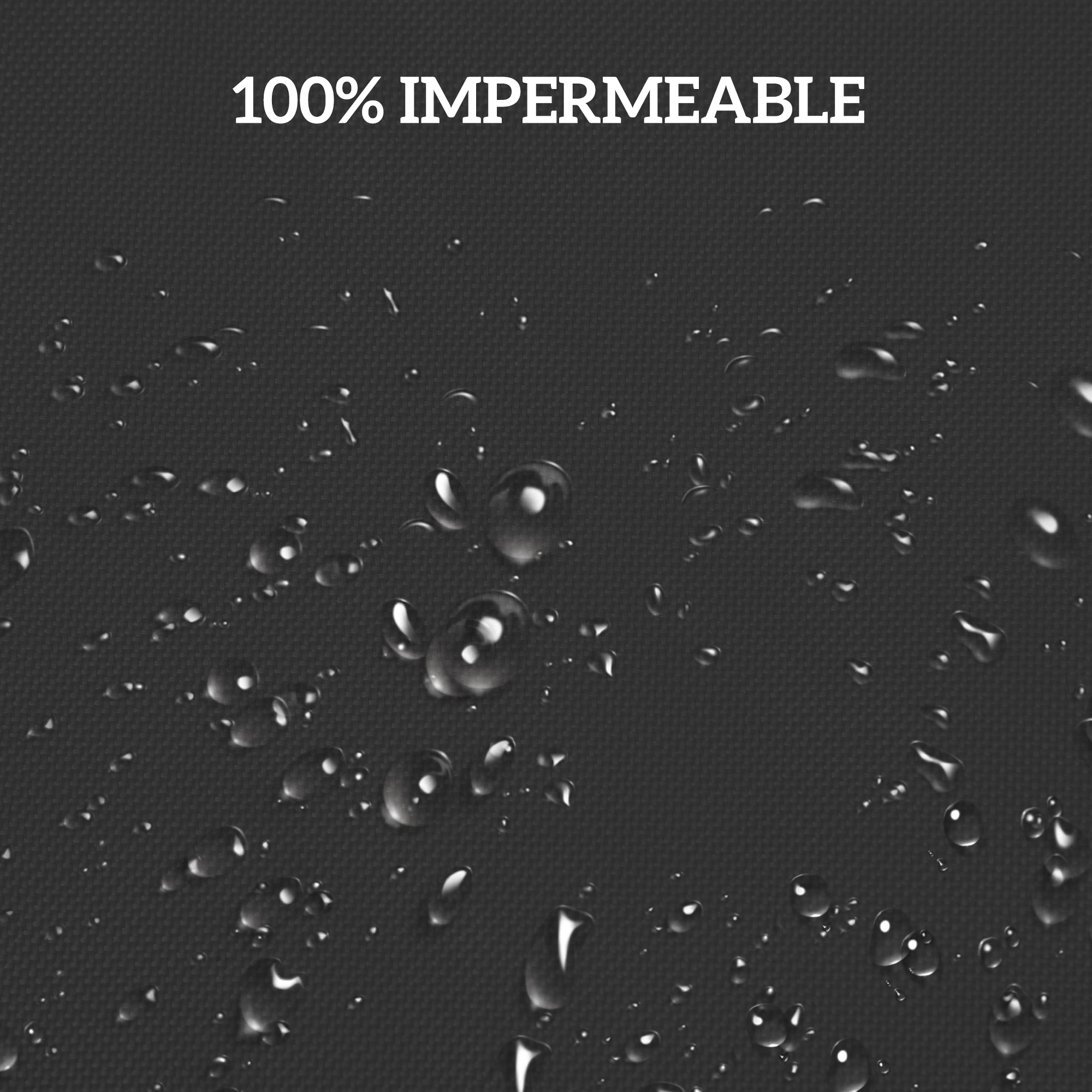 100% impermeable: Gotas de agua sobre tela negra texturizada.