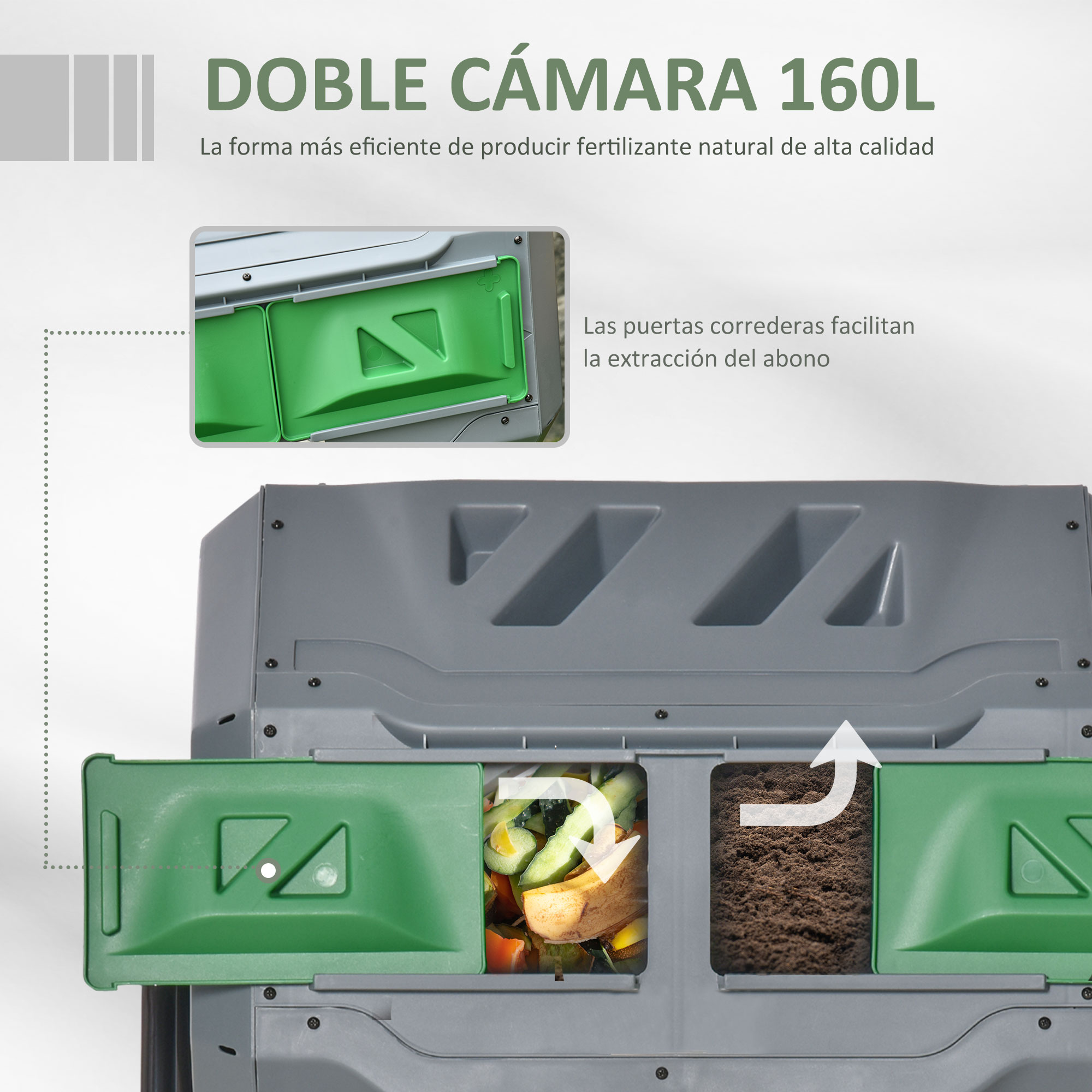 Un compostador de doble cámara, gris y verde, con contenido y tierra.