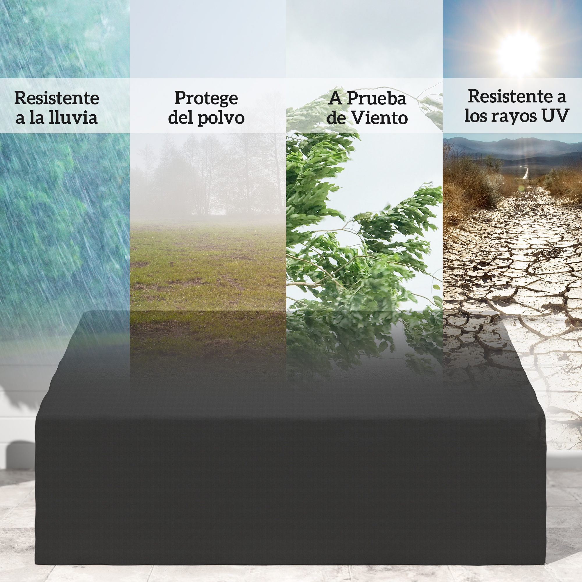 Cuatro escenas: lluvia, niebla, viento y sol sobre tierra seca.