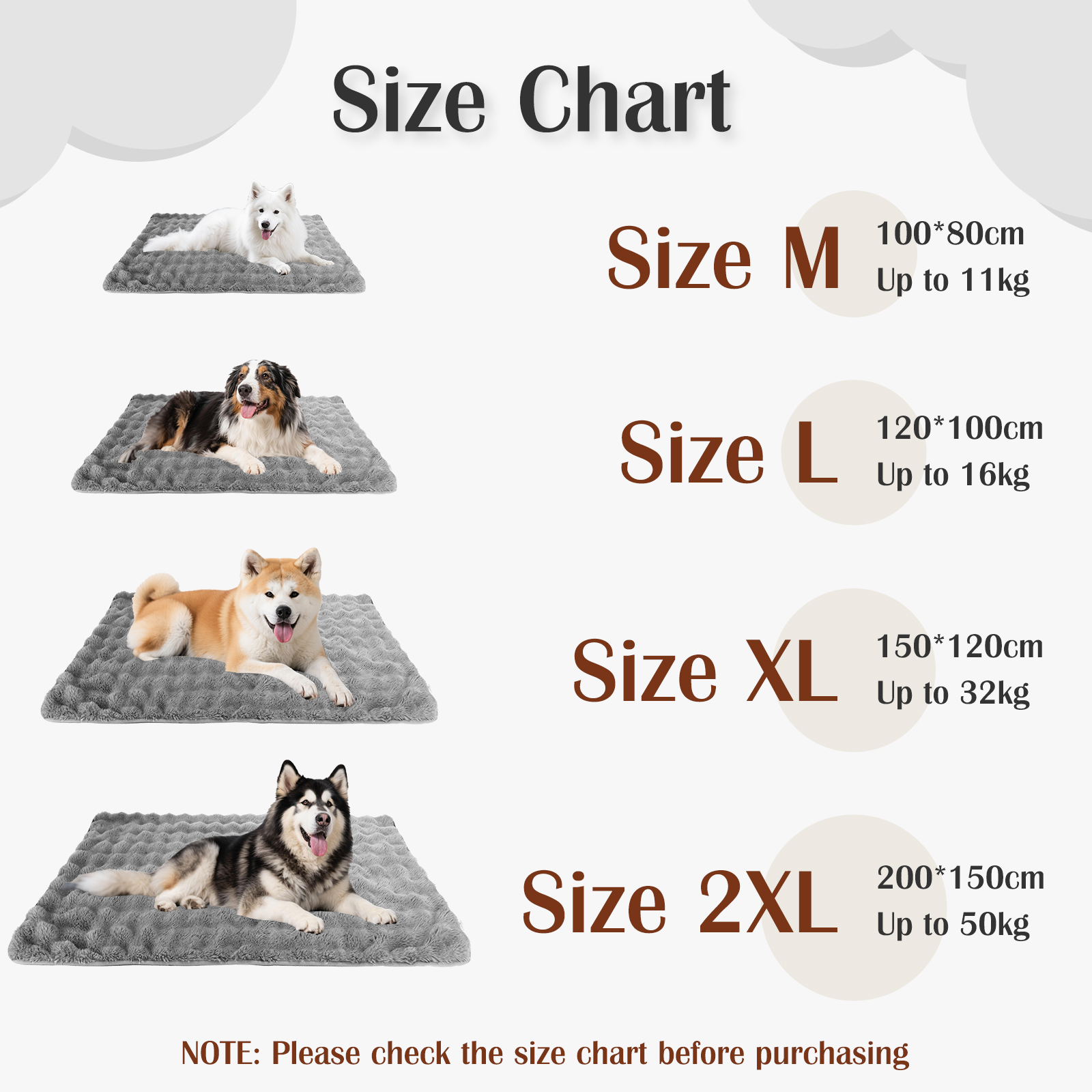 Tabla de tallas con perros en camas de diferentes tamaños.