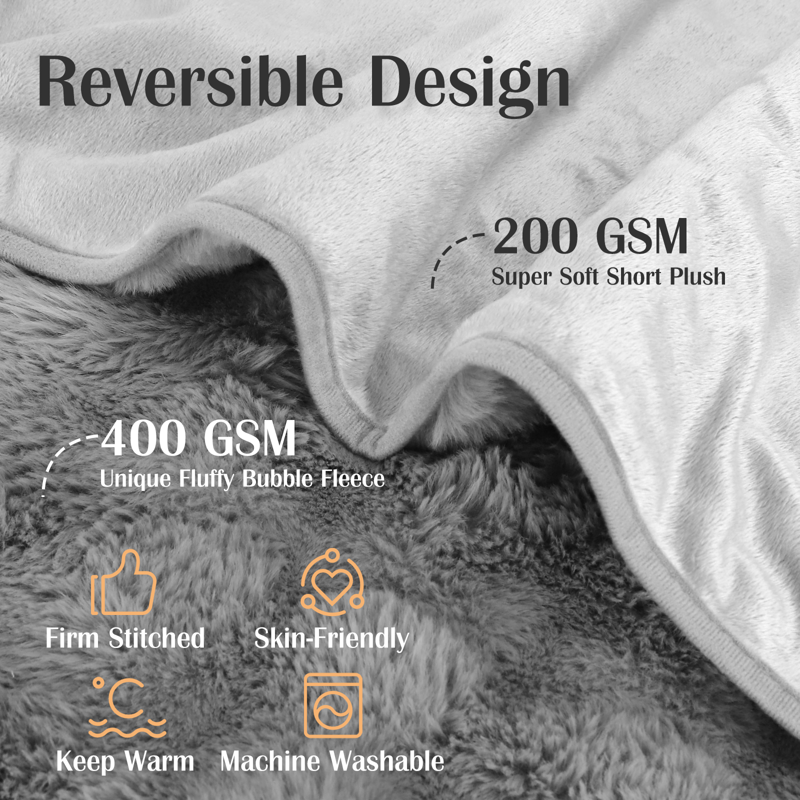 Manta reversible: Felpa corta 200 GSM y forro polar 400 GSM. Características.