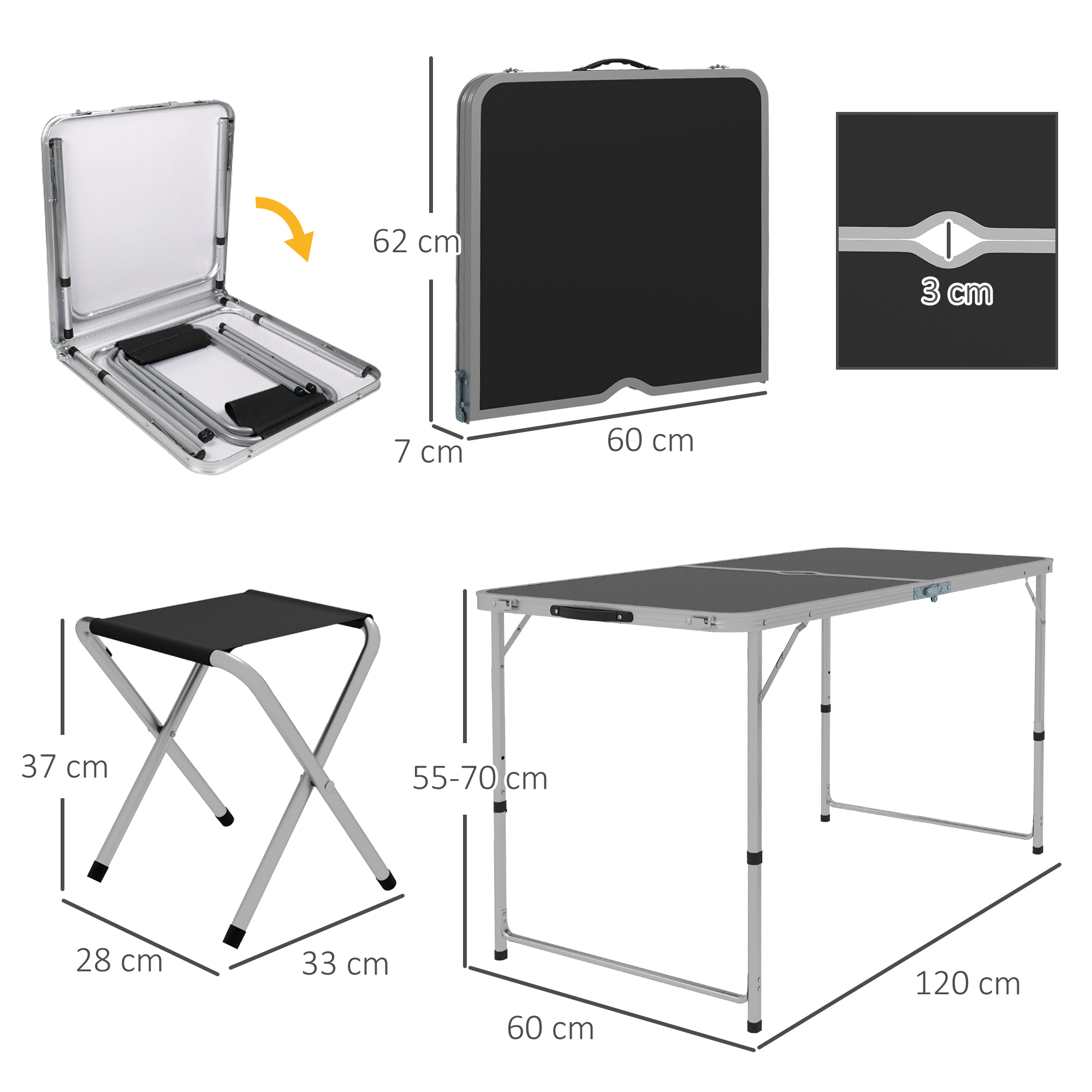 Mesa y taburete plegables con dimensiones.