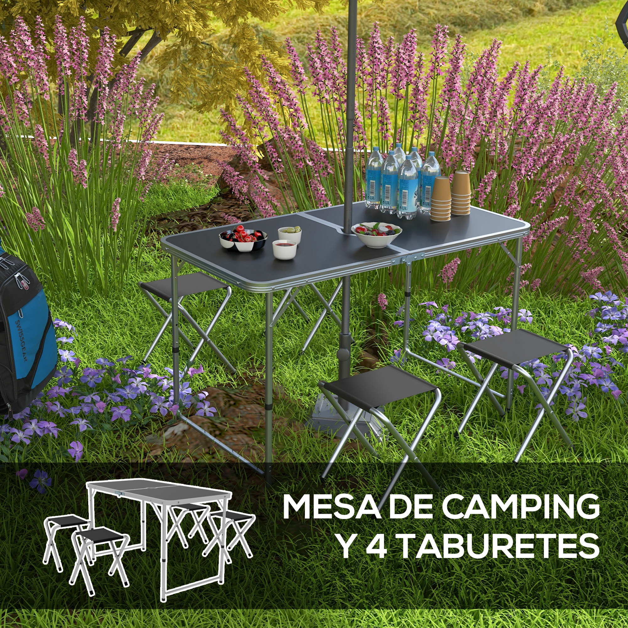 Una mesa plegable de camping con cuatro taburetes al aire libre, rodeada de flores y hierba.
