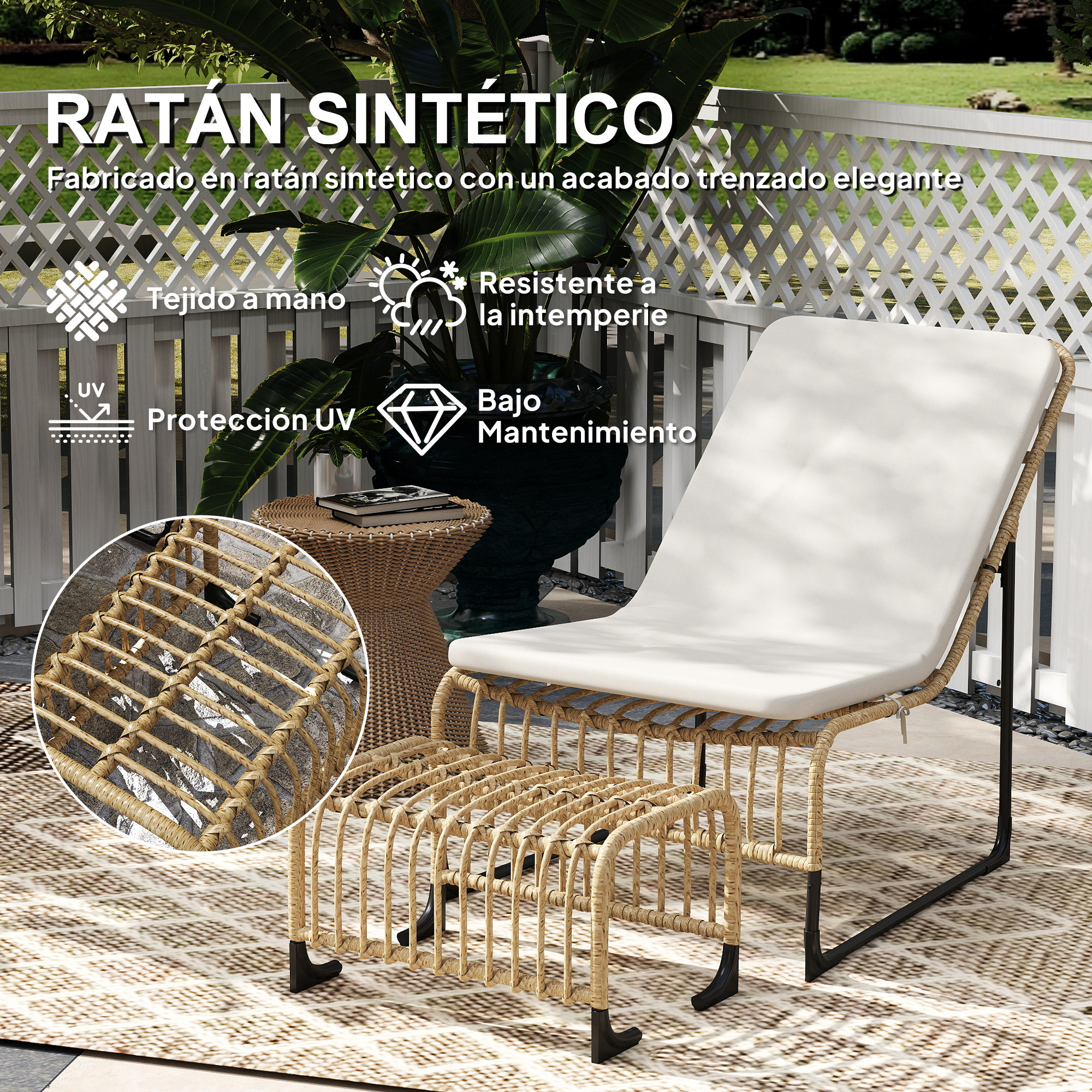 Un sillón de ratán con otomana y cojín blanco en un patio.