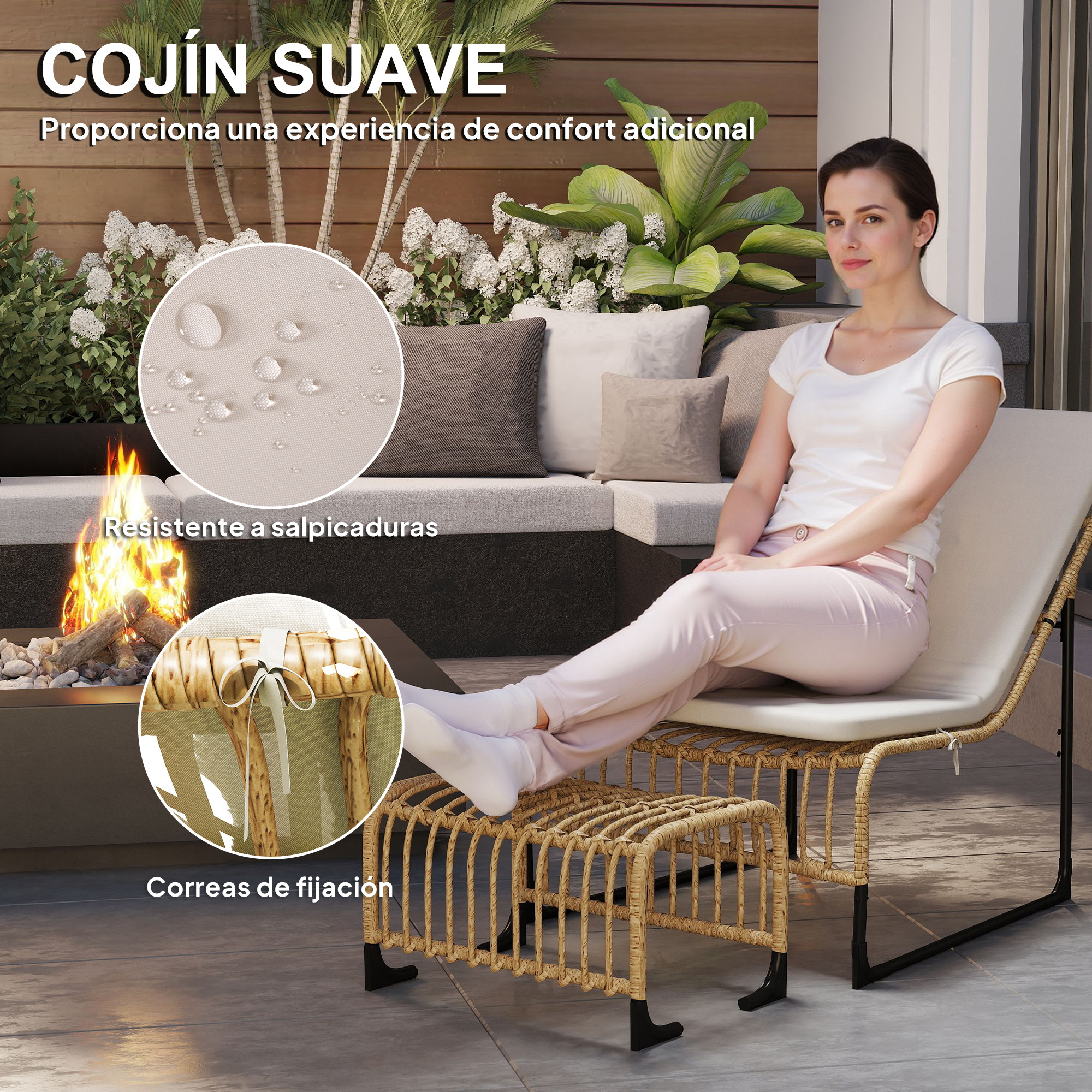 Mujer en sillón de ratán con otomana, cojines y hoguera. Tejido resistente al agua.