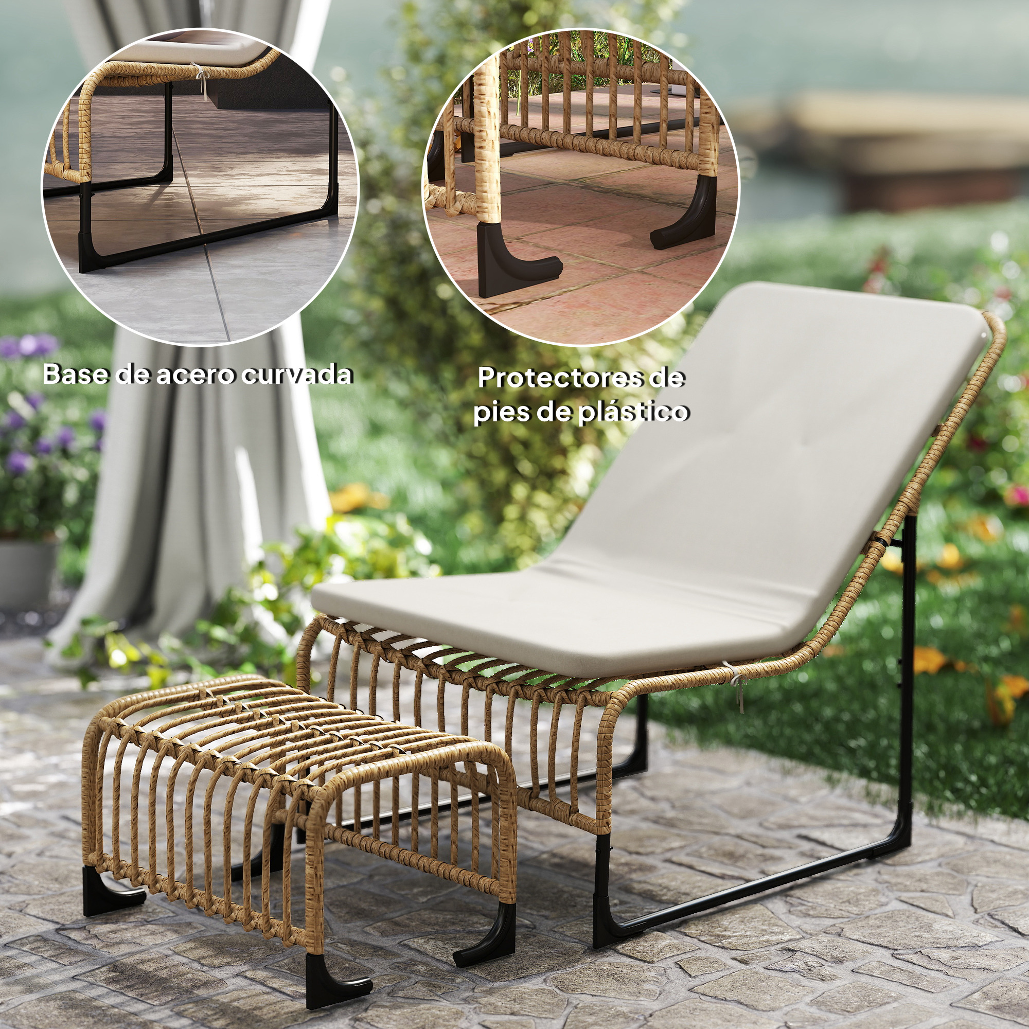 Sillón de ratán con cojín blanco y otomana en patio de piedra.
