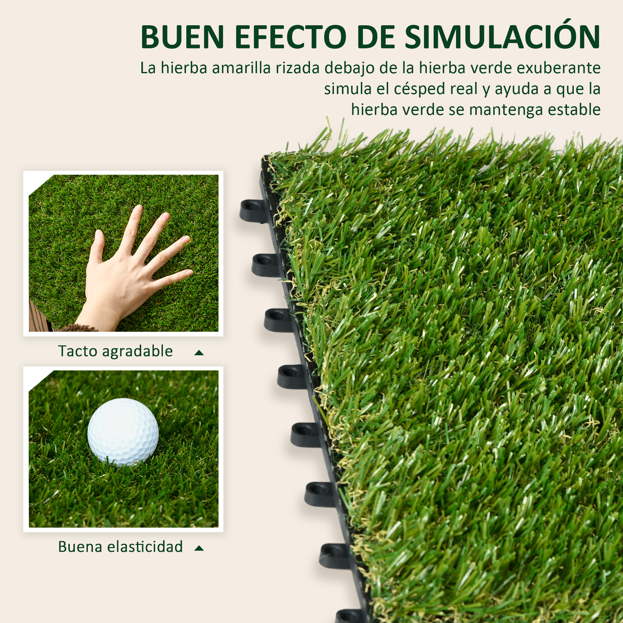 Césped artificial con mano y pelota de golf. Césped verde, buena elasticidad.