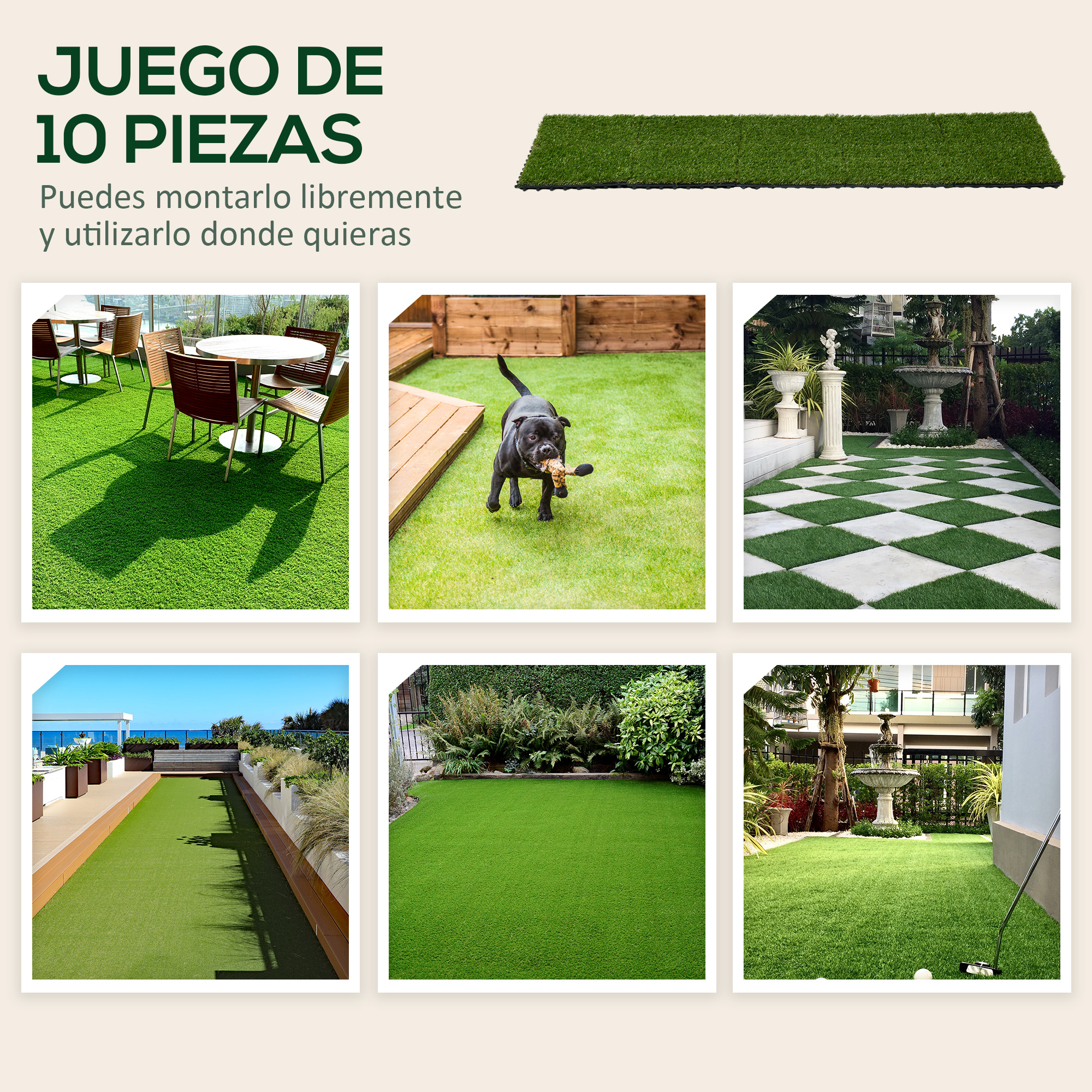 Un collage de seis imágenes que muestran césped artificial en varios entornos.