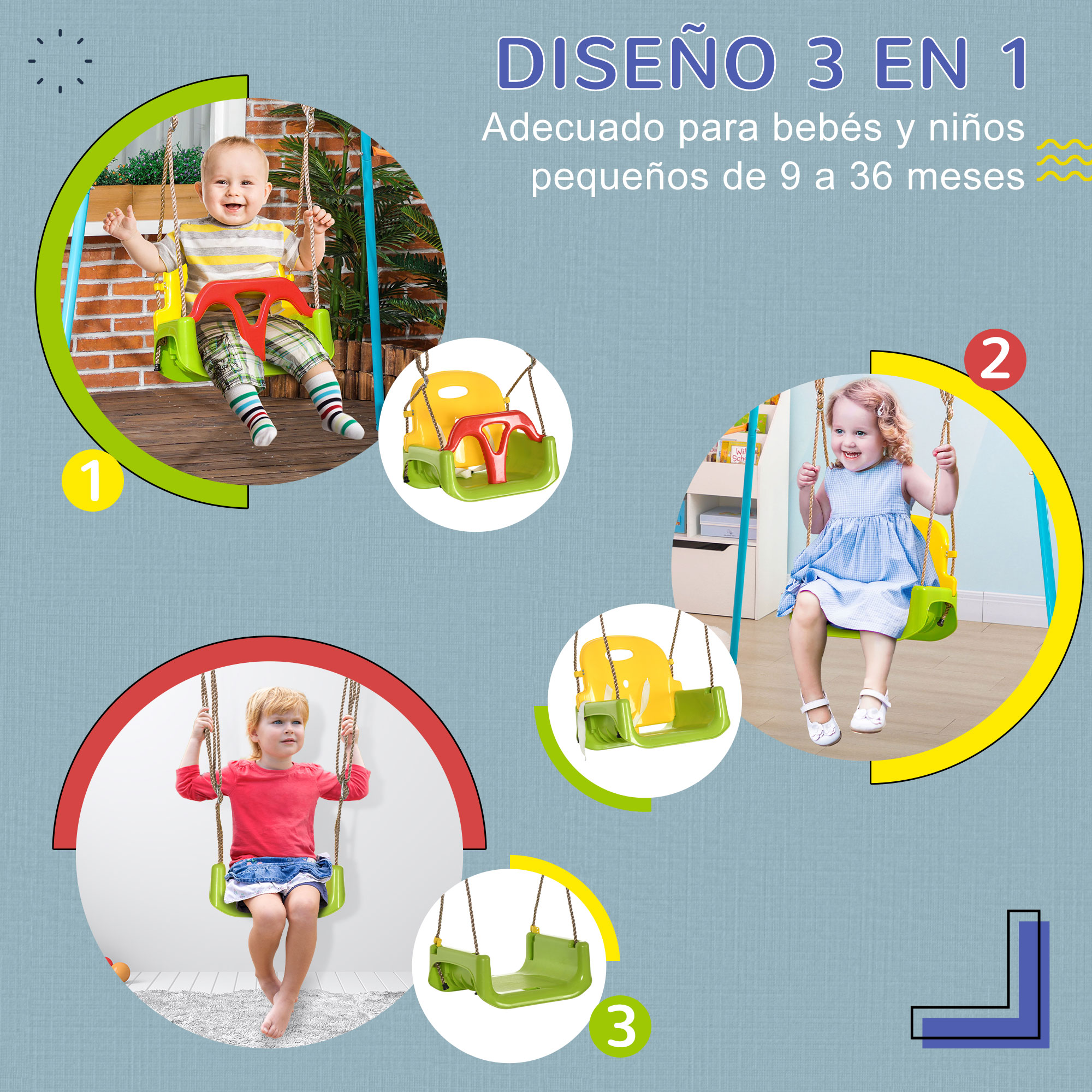 Un bebé se balancea en un asiento verde, junto a un niño con vestido azul.