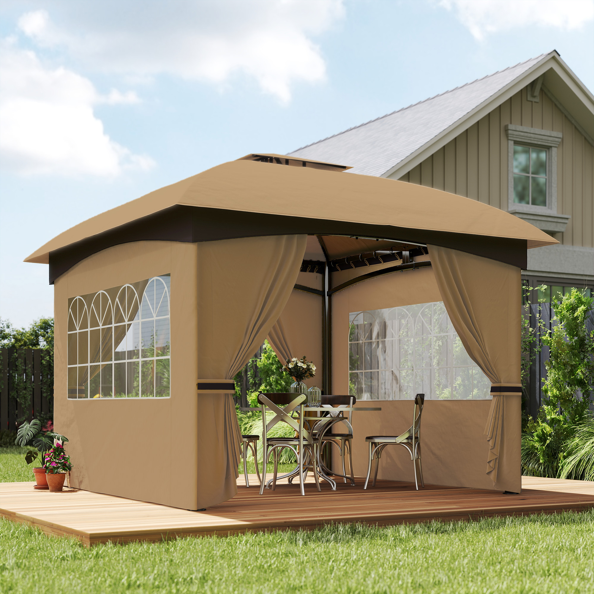 Un gazebo beige con tavolo e sedie su un ponte di legno in un cortile.