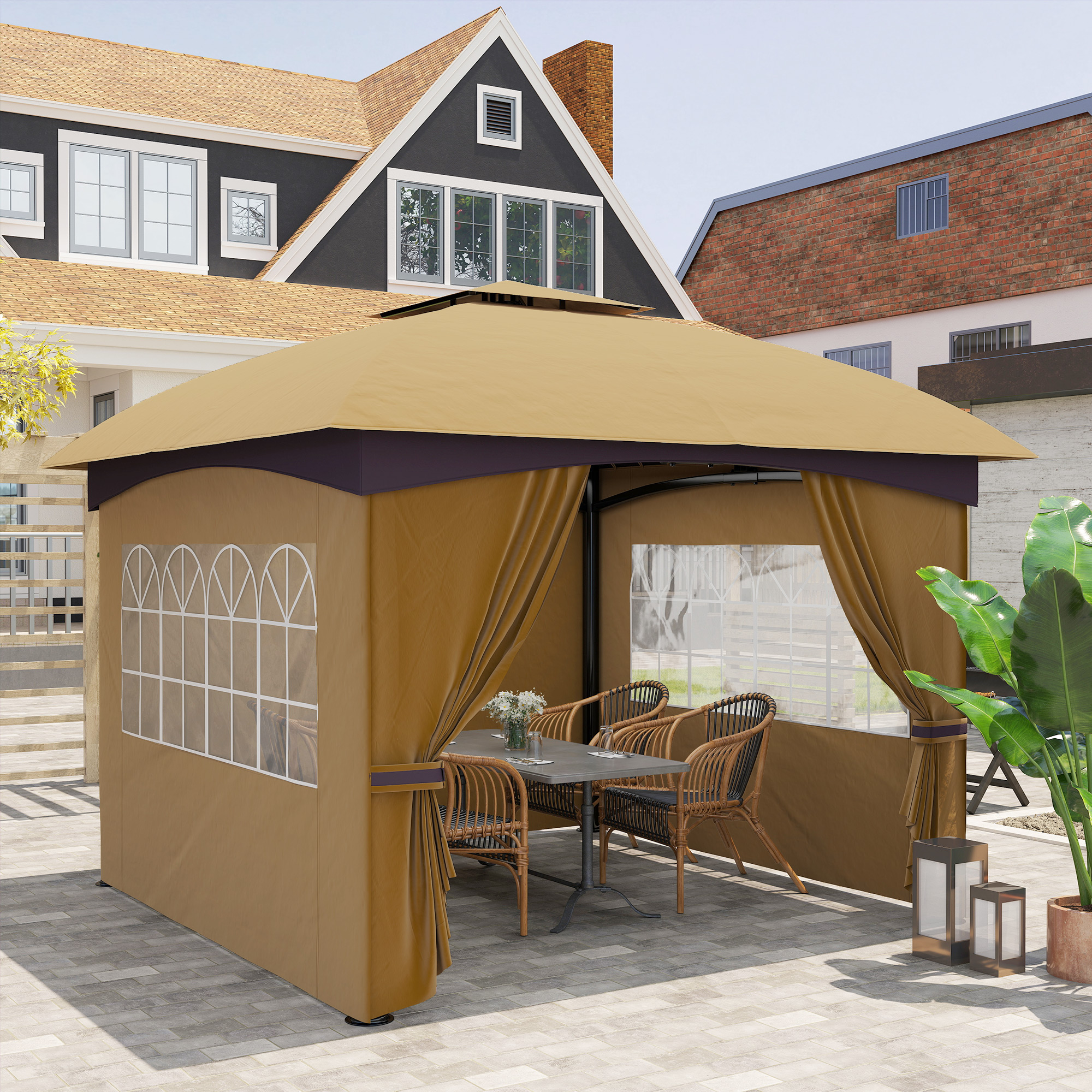 Un gazebo color cuoio con tavolo e sedie, su un patio pavimentato.