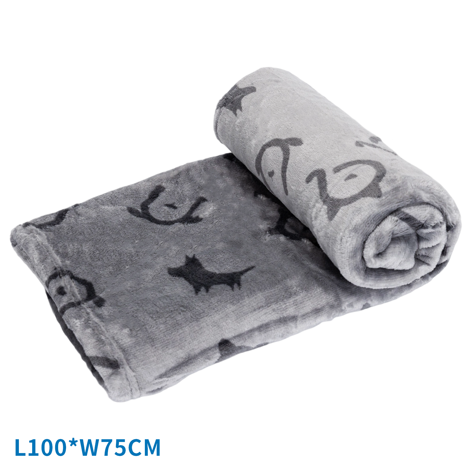 Manta gris con estampado de perros negros, parcialmente enrollada.