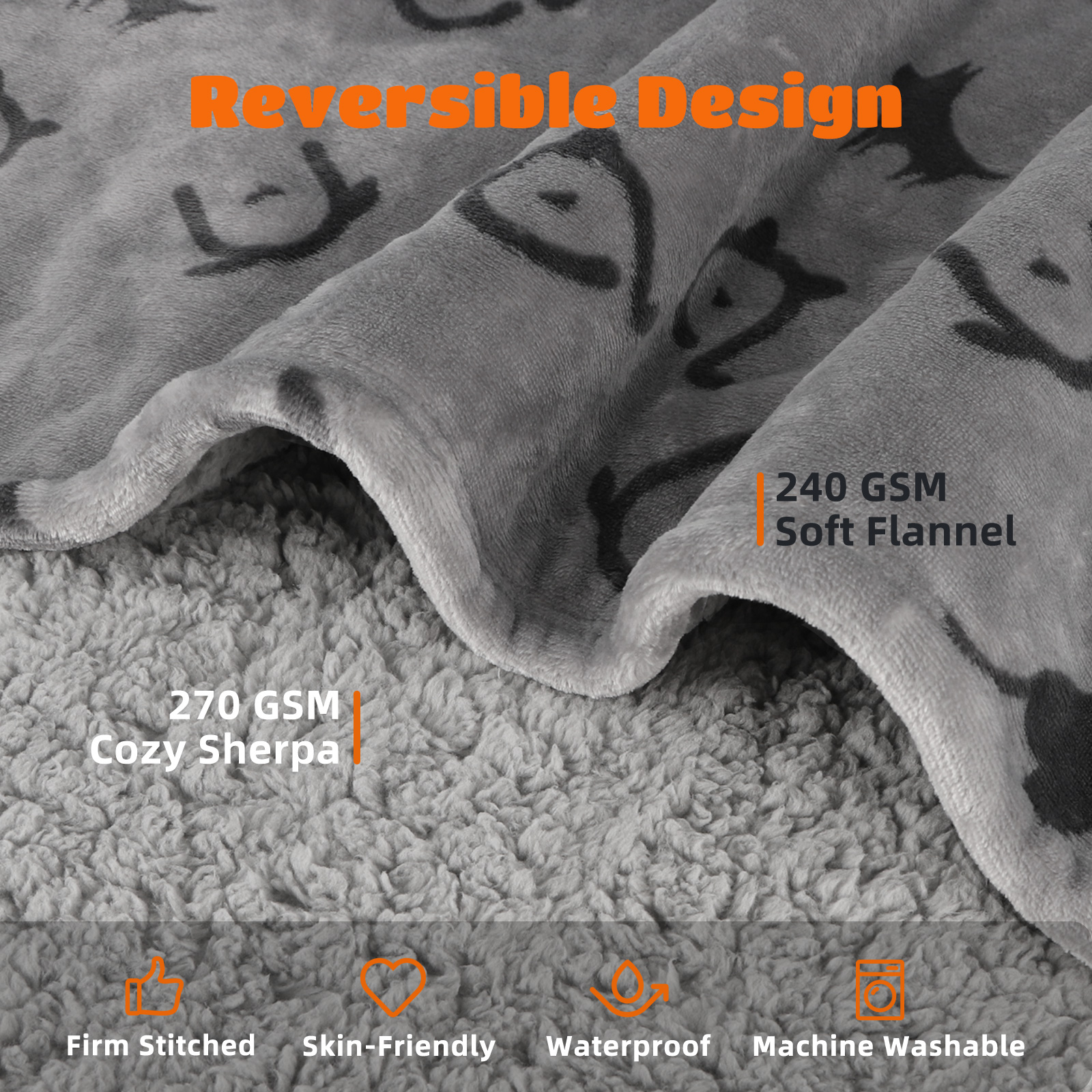 Manta reversible gris con lados de sherpa y franela. Características: costuras firmes, hipoalergénica, impermeable, lavable a máquina.