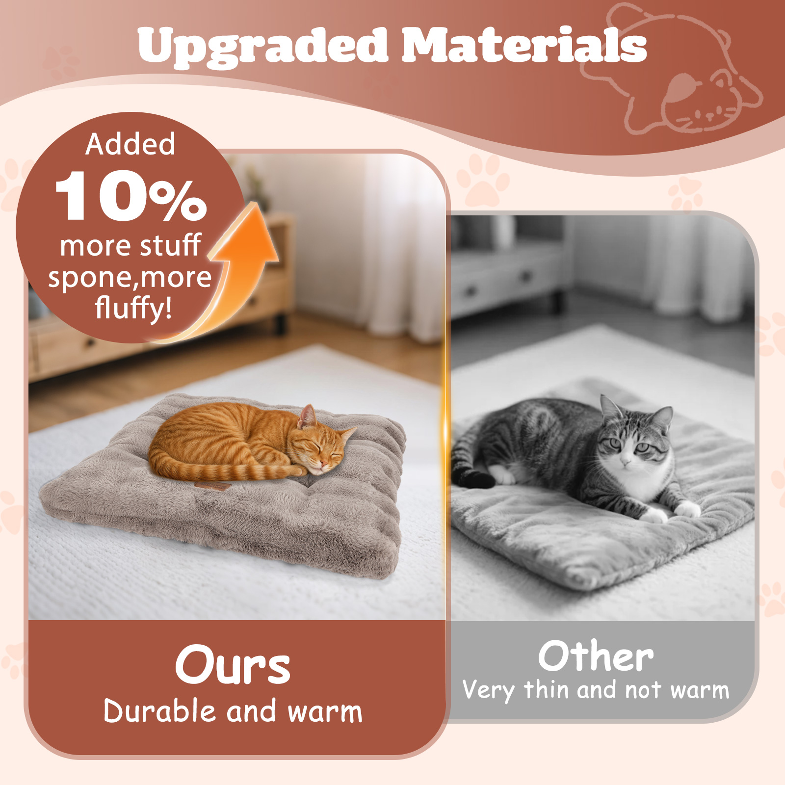 Un gato naranja duerme en una cama gruesa. Un gato atigrado yace en una cama más delgada.
