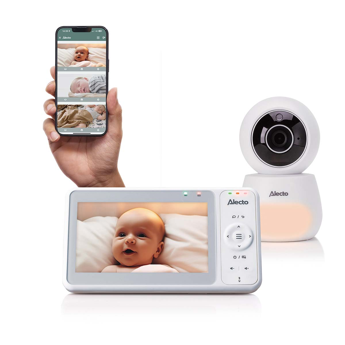Baby monitor with screen and camera. Hand holds phone showing babies. White background.