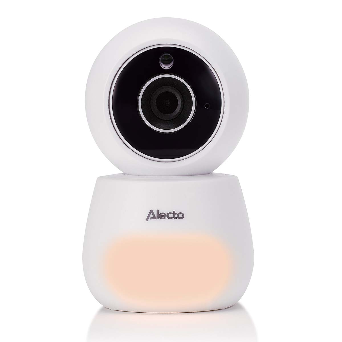 A white baby monitor camera with a lens and a soft light.