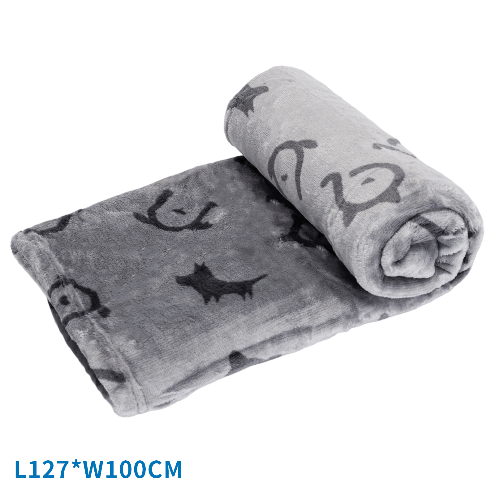 Manta gris con estampado de perros, parcialmente enrollada.
