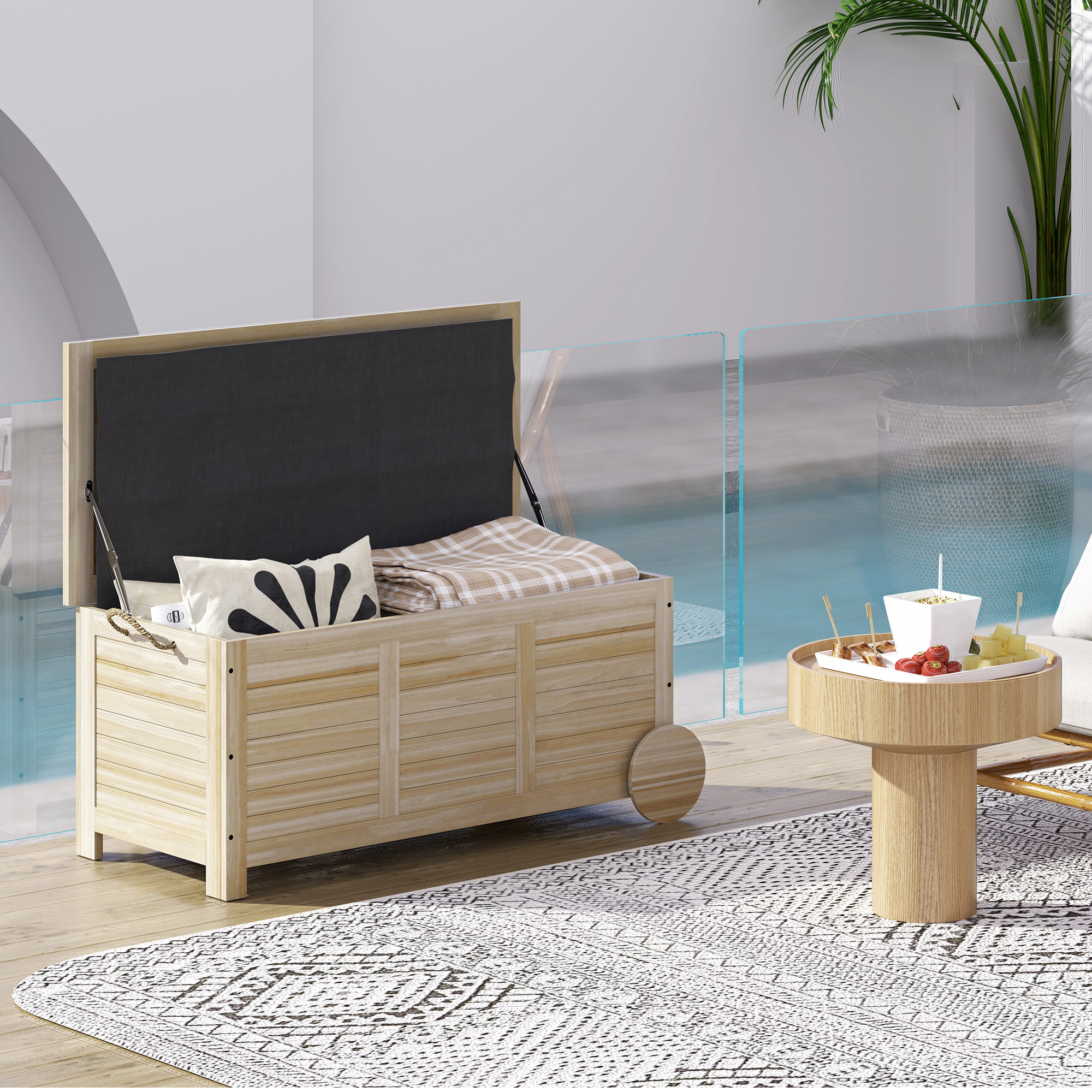 Un baule di legno con cuscini e coperte si trova su un ponte che si affaccia su una piscina.