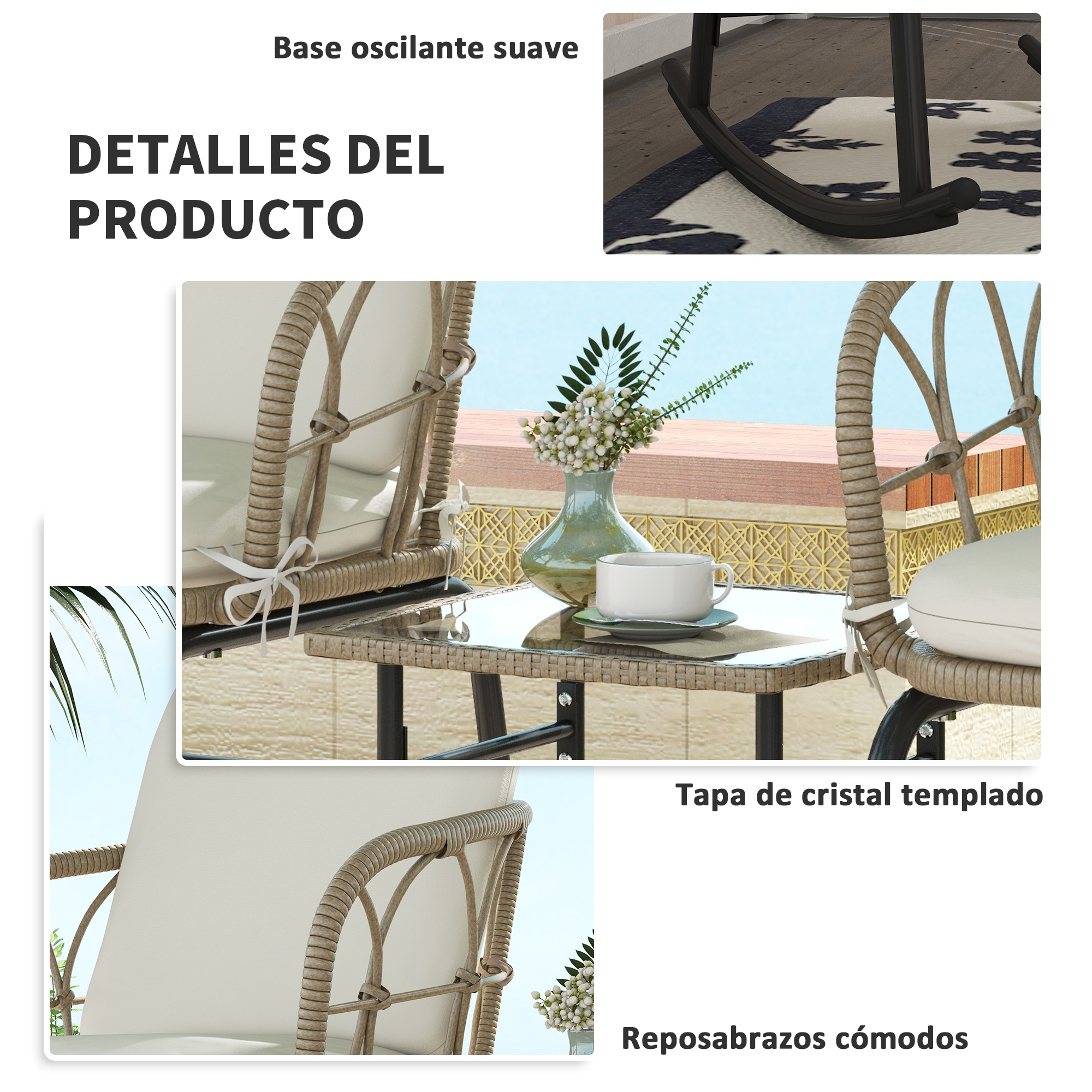 Un sillón de mimbre blanco con cojines y una mesita con jarrón y taza.